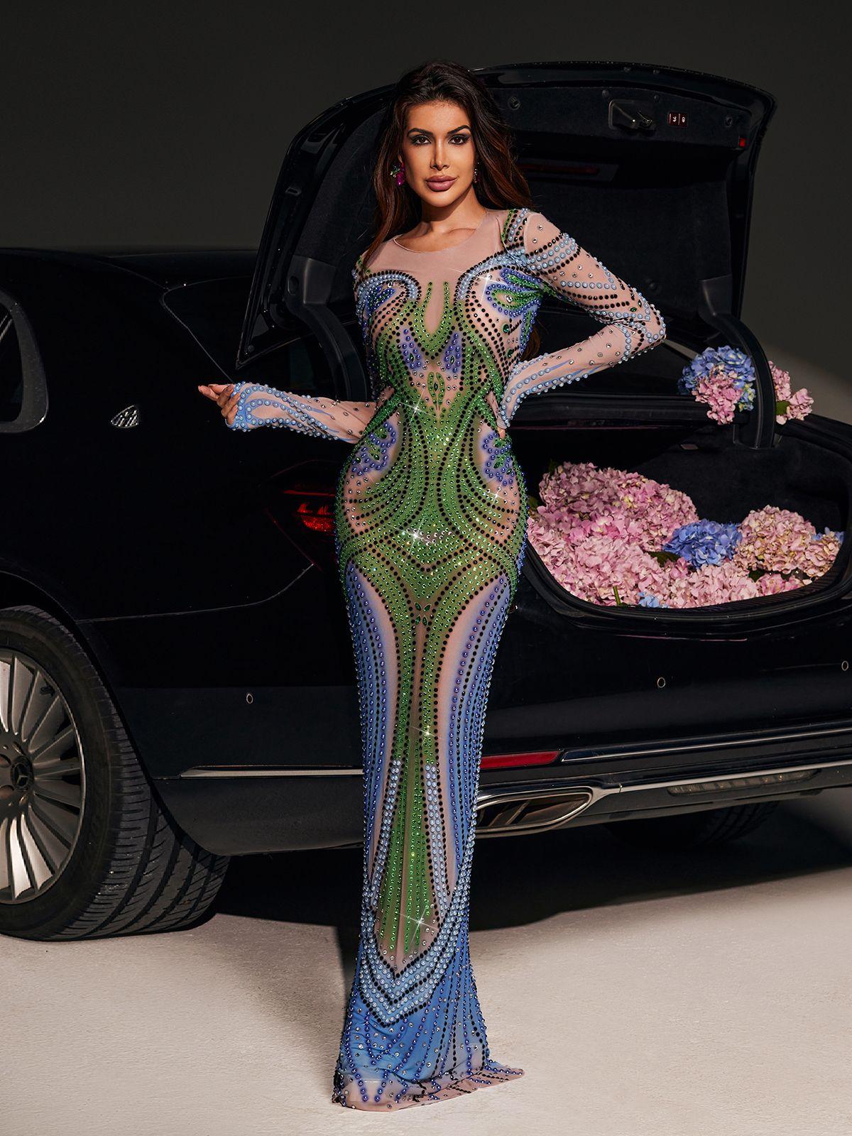 Thana Long Sleeve Rhinestone Maxi Dress