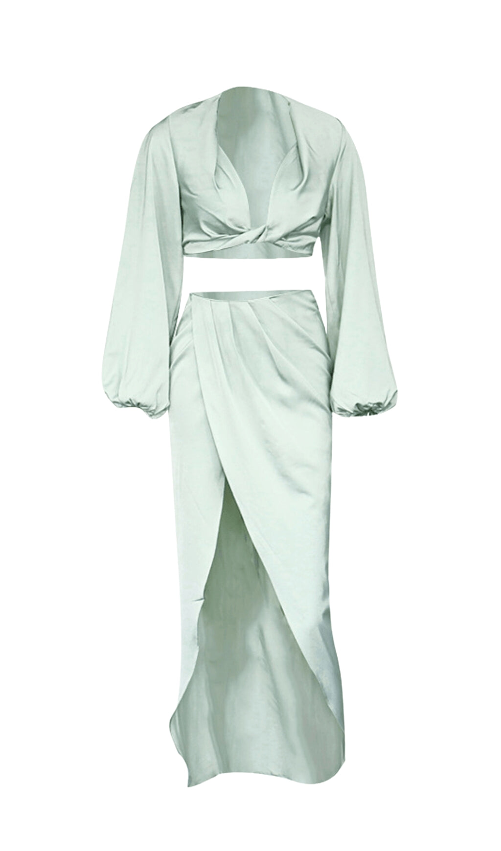 SILKY SATIN DRAPED TWO PIECE SET IN GREEN