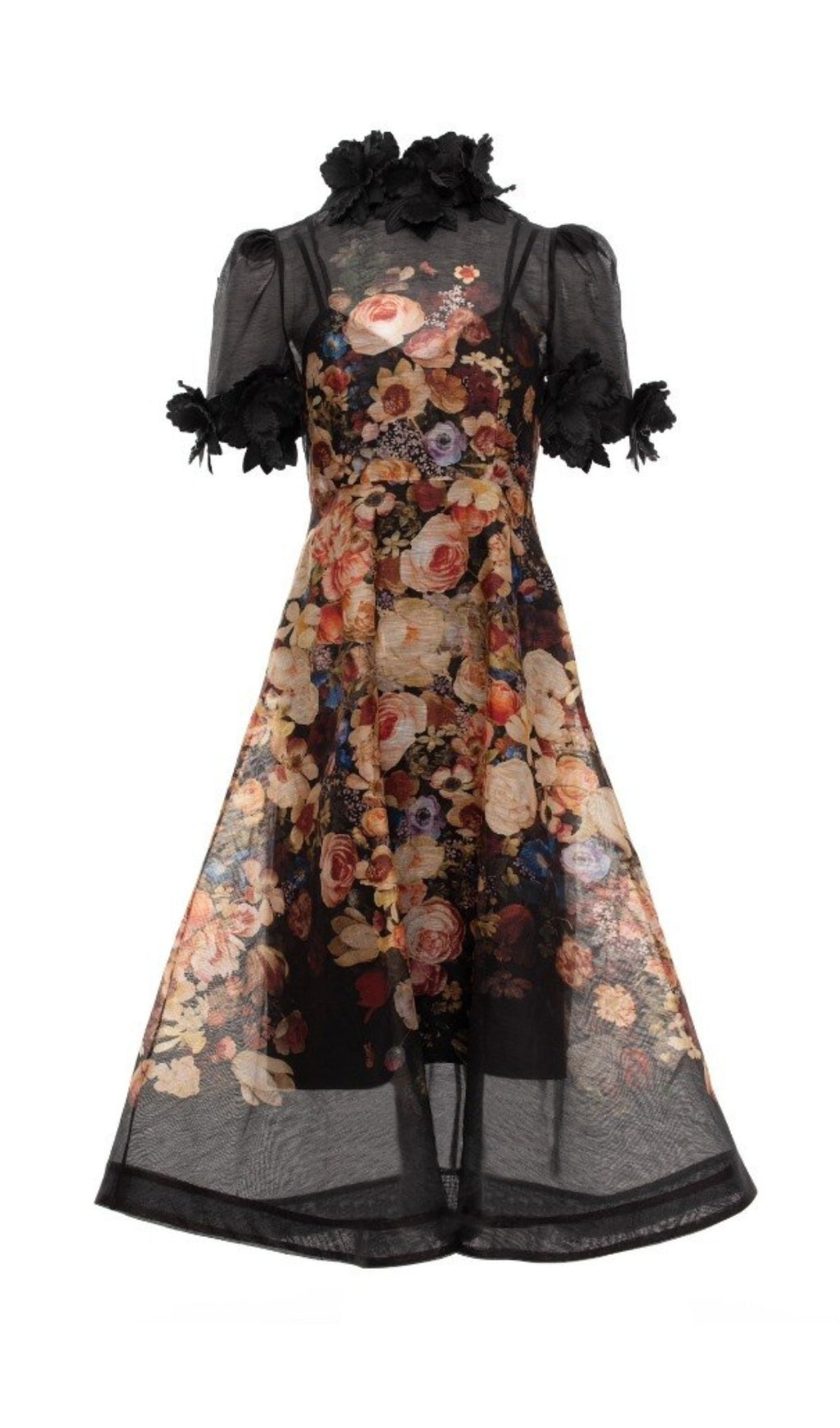PRINTED FLOWER EMBELLISHED MIDI DRESS
