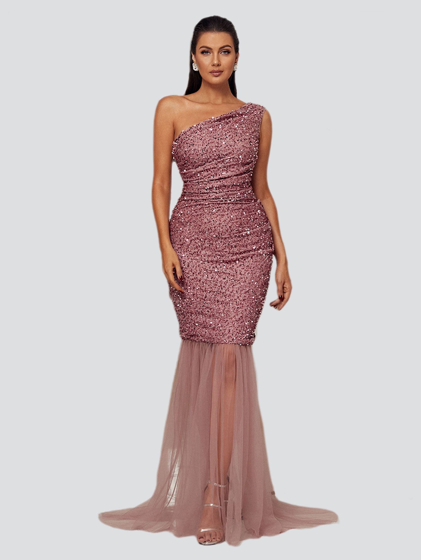One Shoulder Mermaid Pink Sequin Prom Dress
