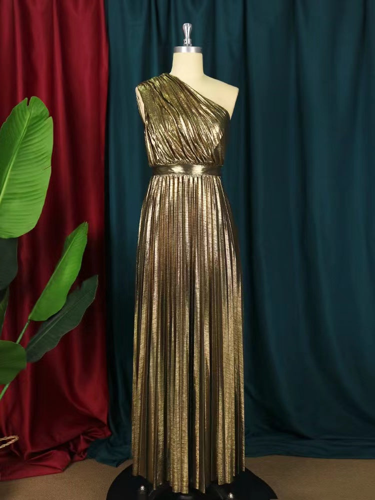 One Shoulder Pleated Dress In Gold