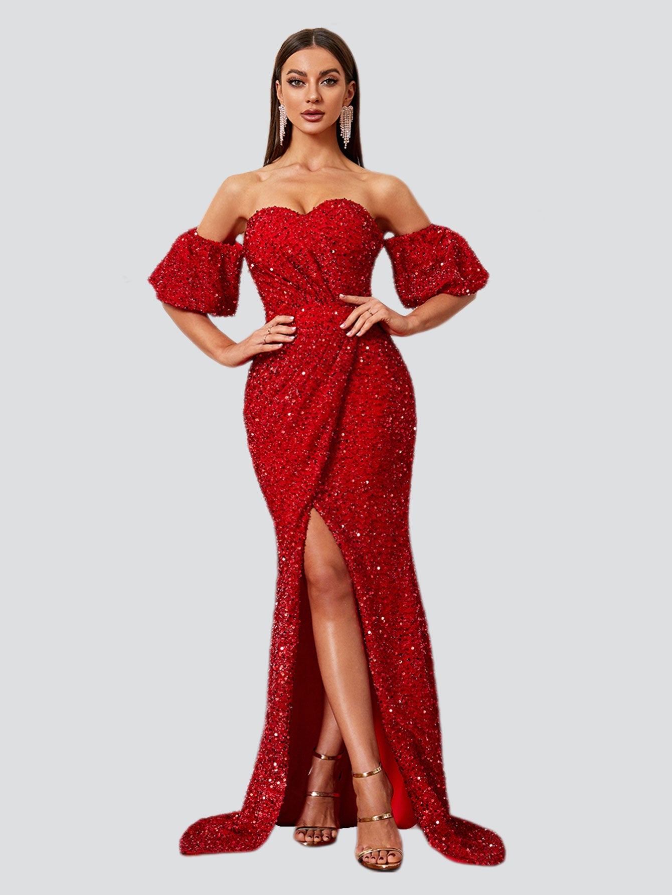 Half-sleeve Slit Mermaid Sequin Prom Dress