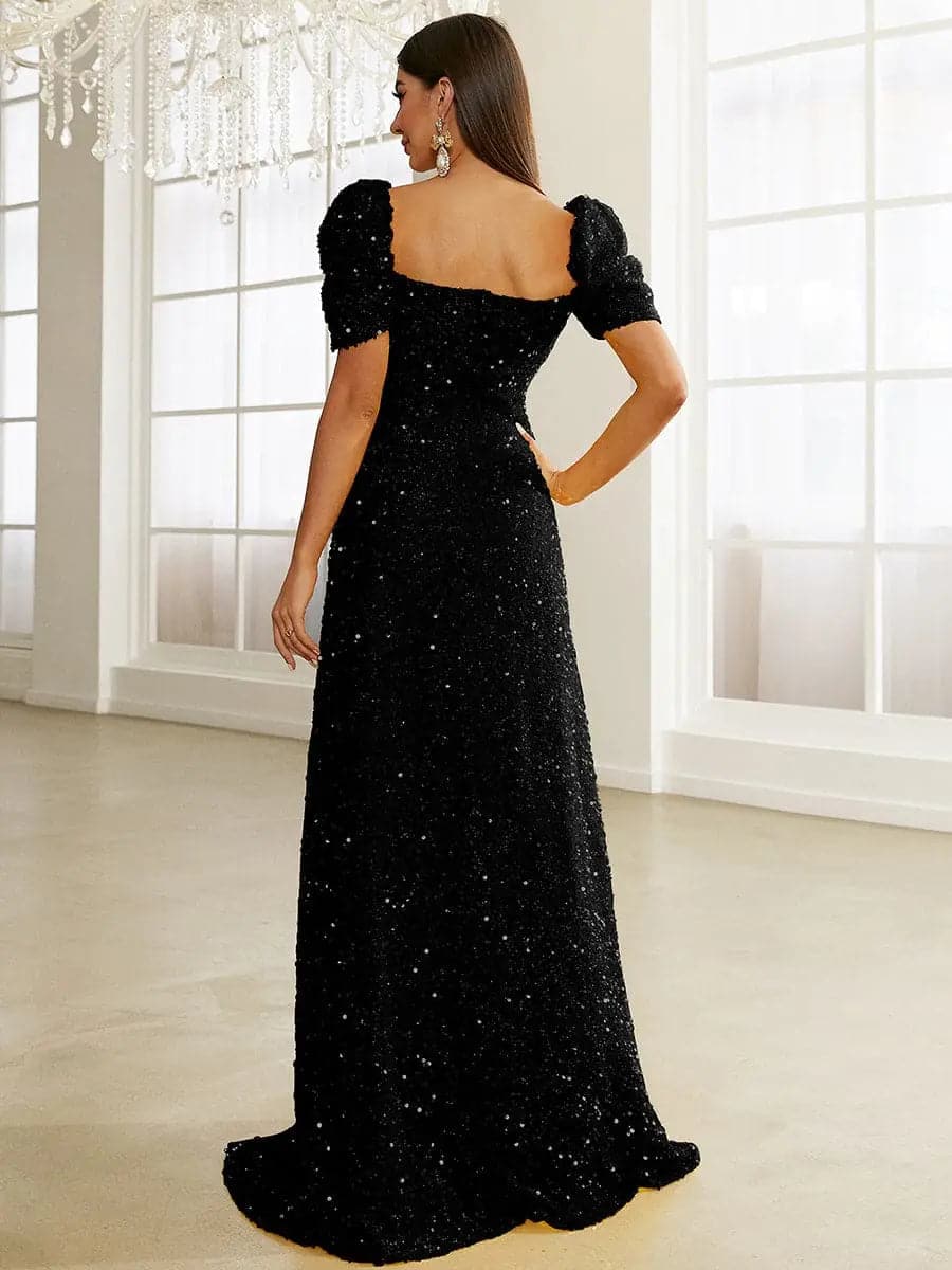Light Yellow Puff Sleeve Sequin Maxi Dress