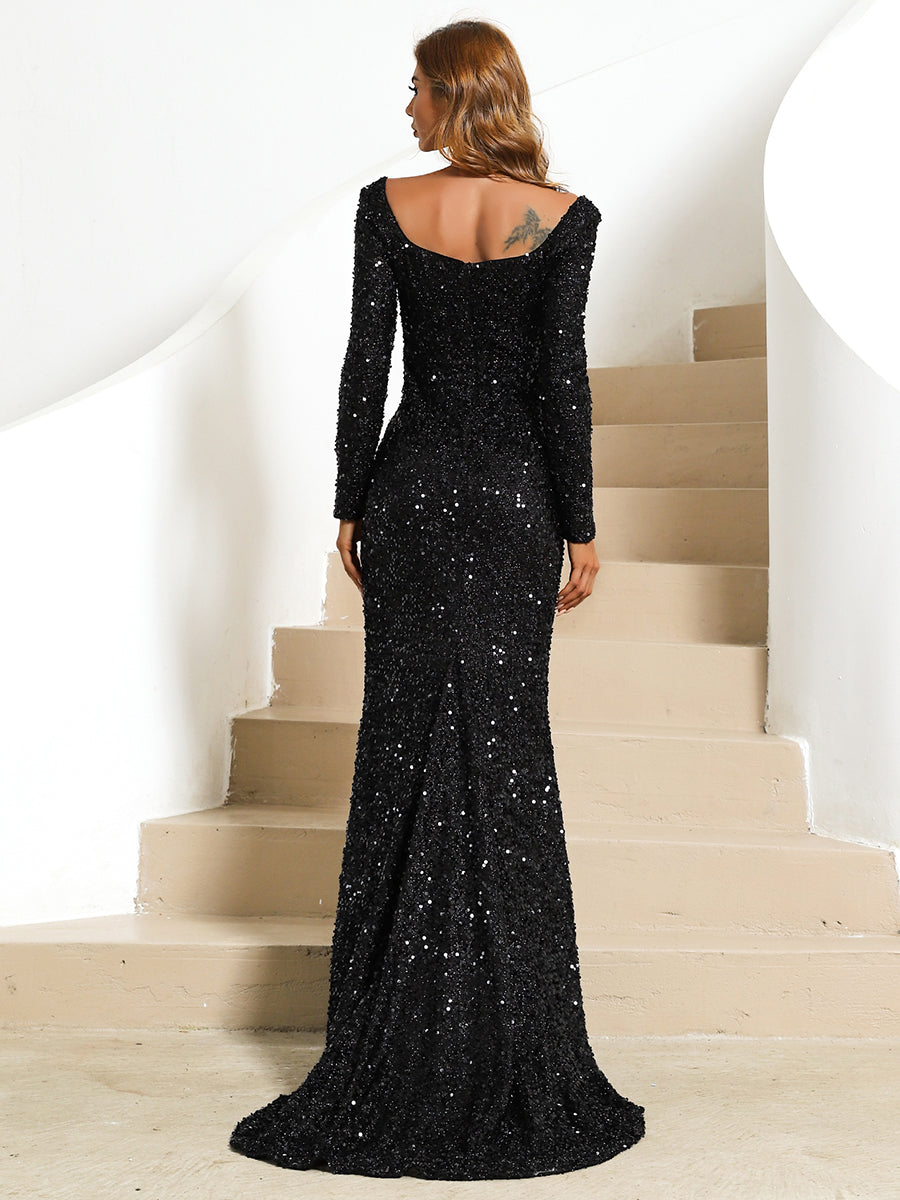 Square Neck Glitter Mermaid Evening Dress
