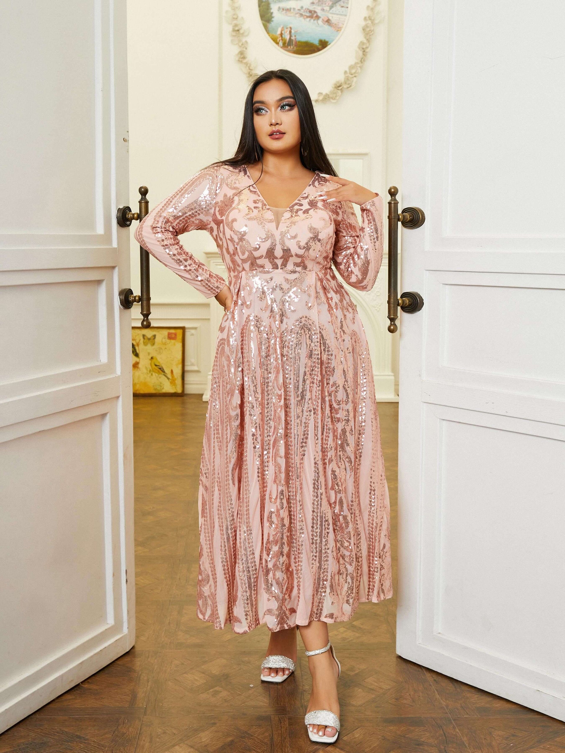 Plus V-neck Long Sleeve Sequin Dress