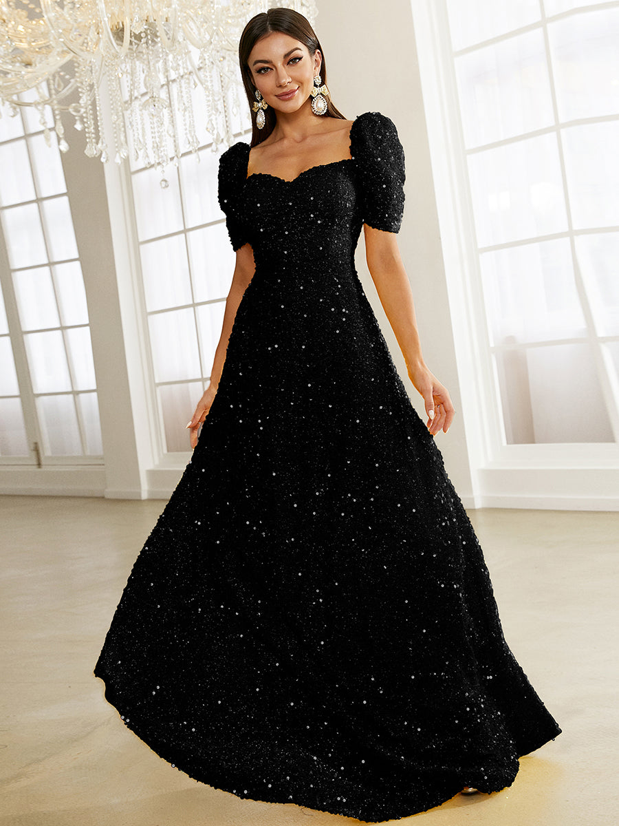 Light Yellow Puff Sleeve Sequin Maxi Dress