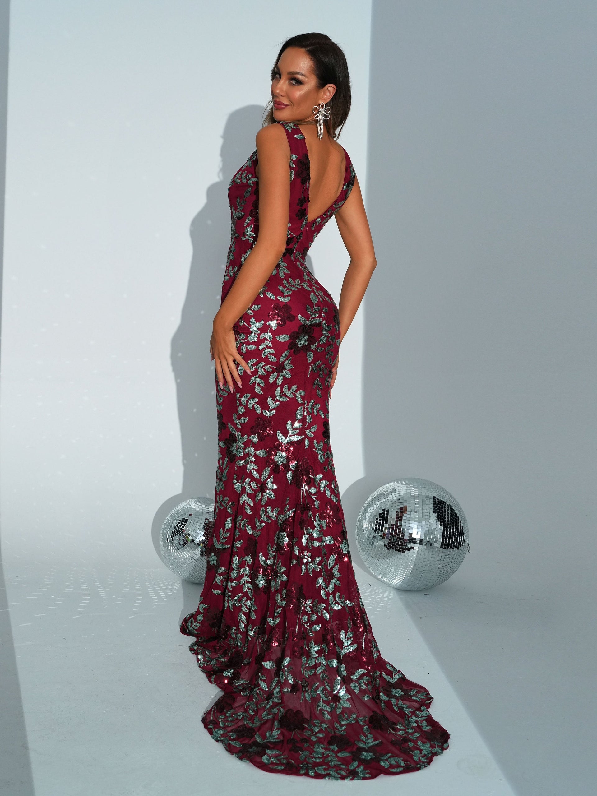 Floral V-neck Sequin Mermaid Prom Dress