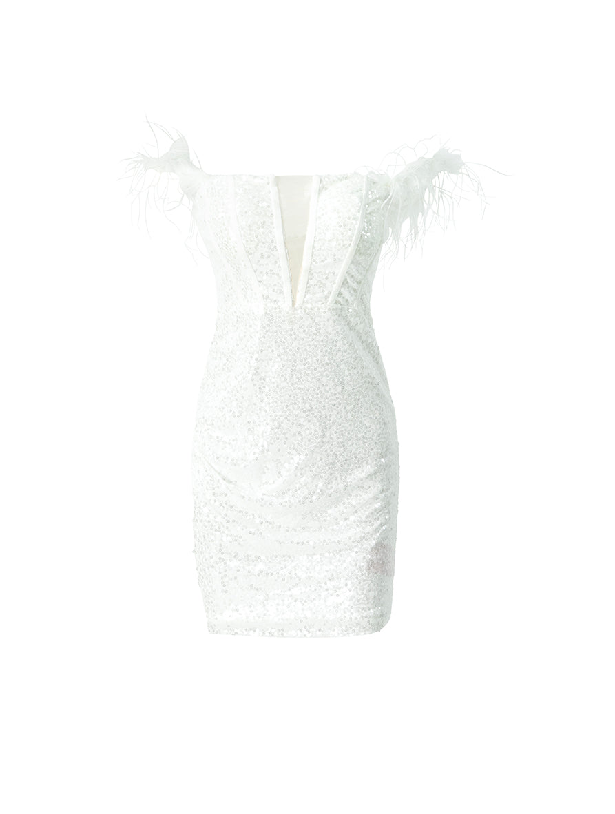 Off-Shoulder Feather Bodycon Sequin Dress