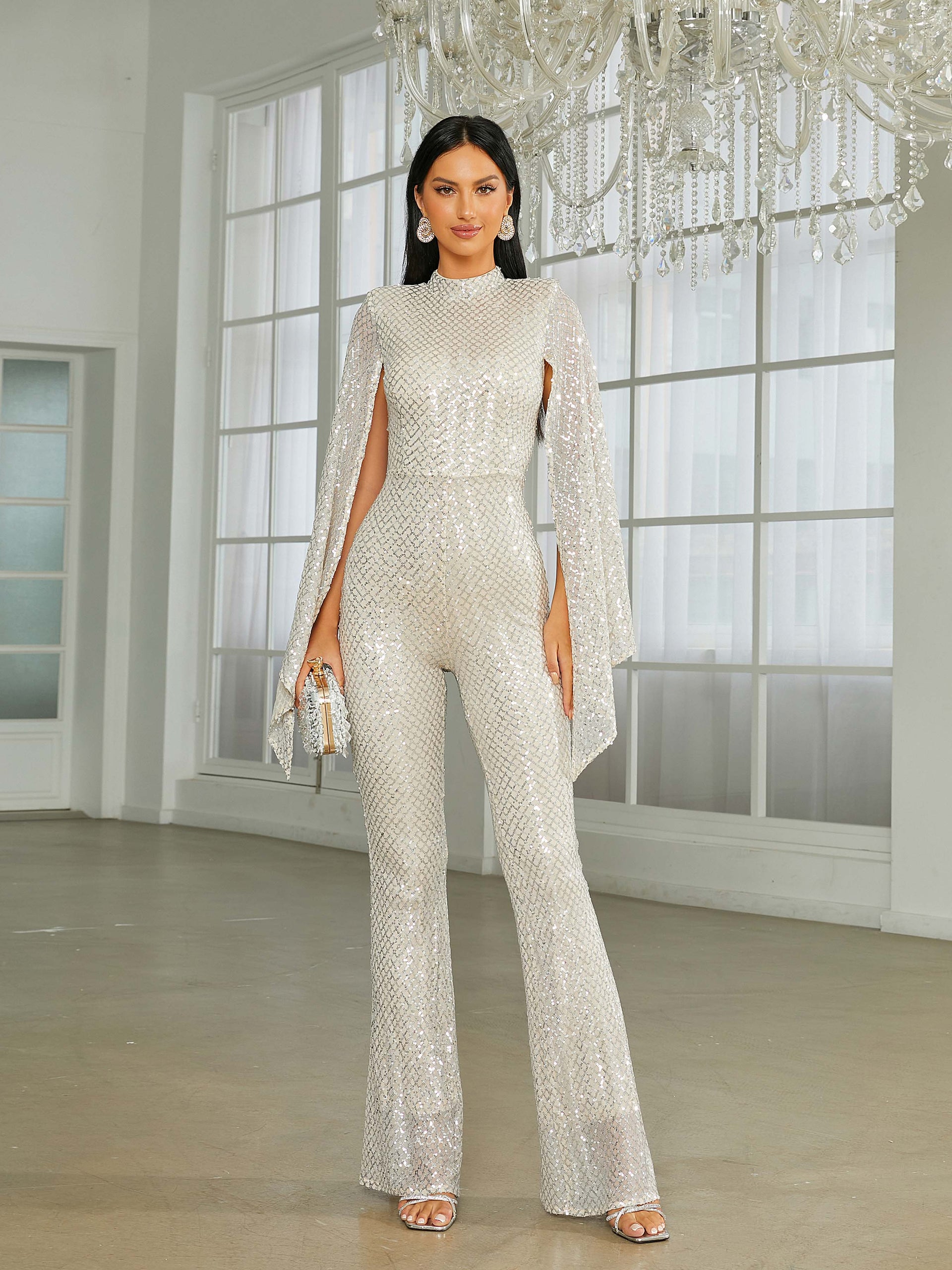 Stand Collar Cape Sleeve Sequin Jumpsuits