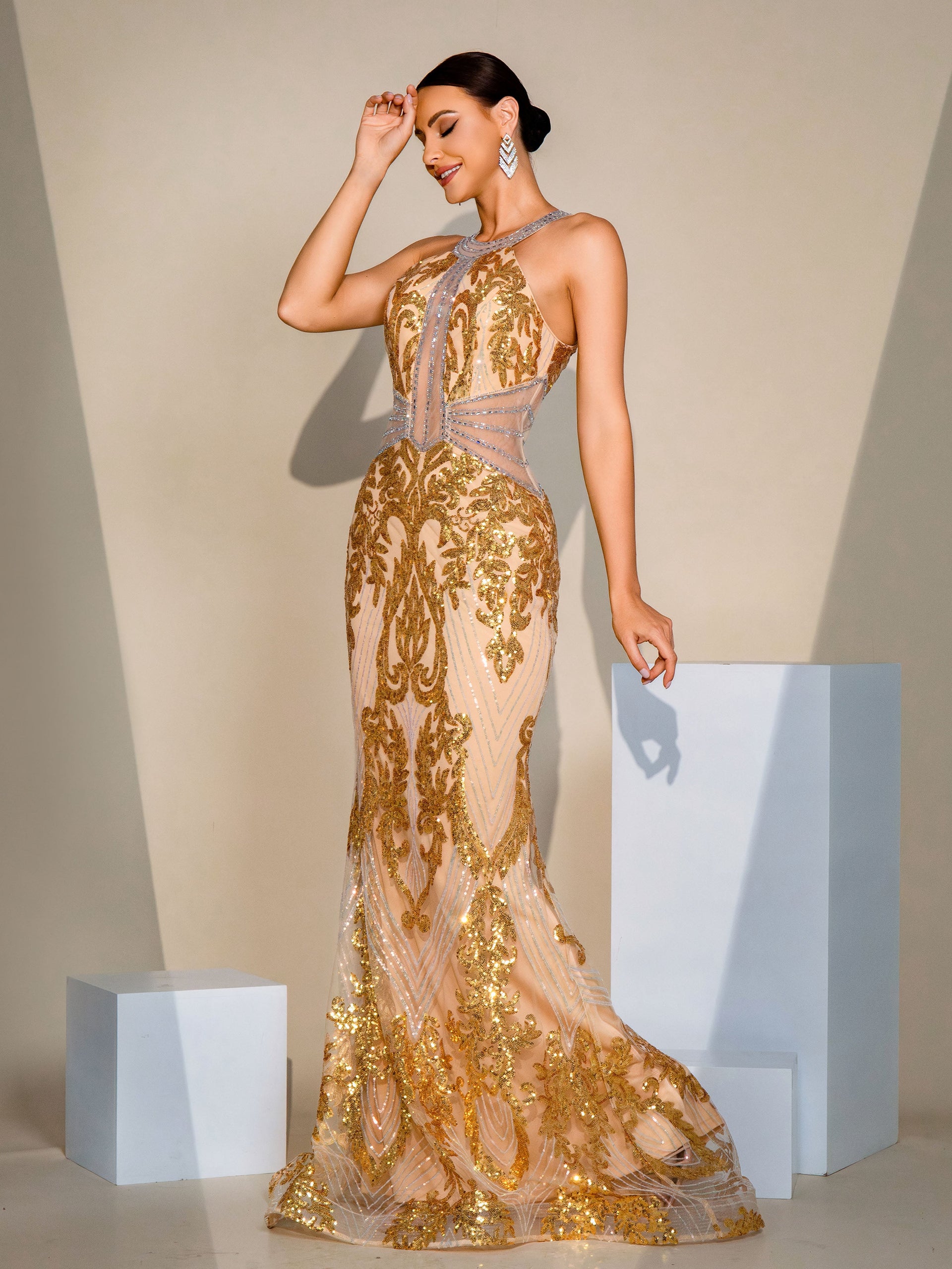 Halter Backless Gold Sequin Mermaid Dress