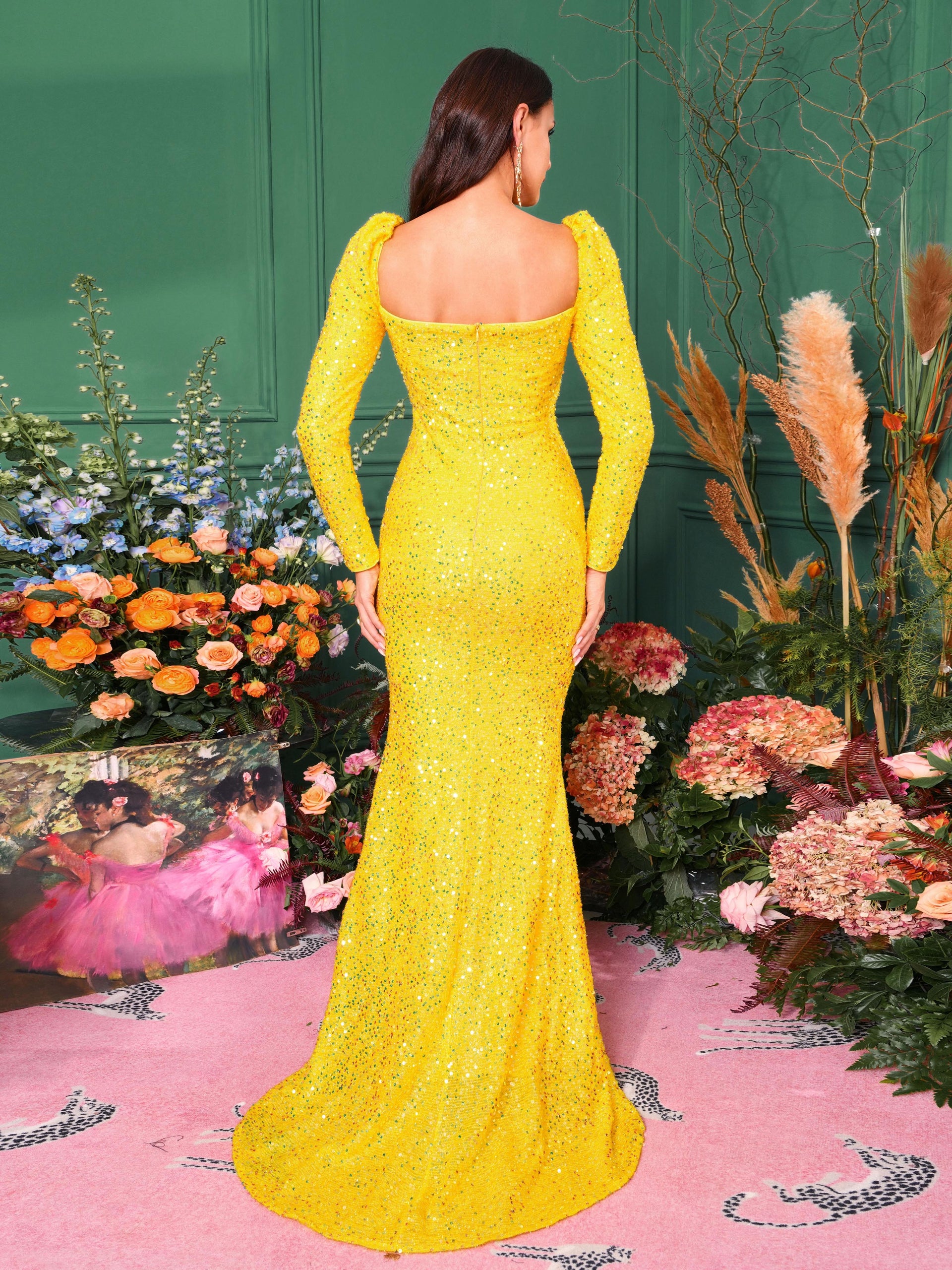 Formal Square Neck Mermaid Sequin Evening Dress