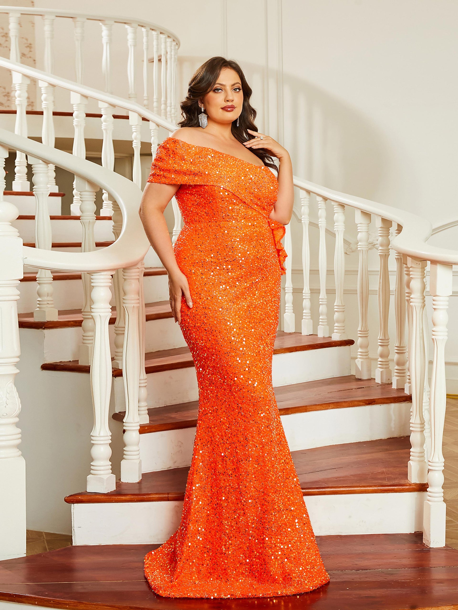 Plus Off Shoulder Mermaid Strapless Sequin Dress