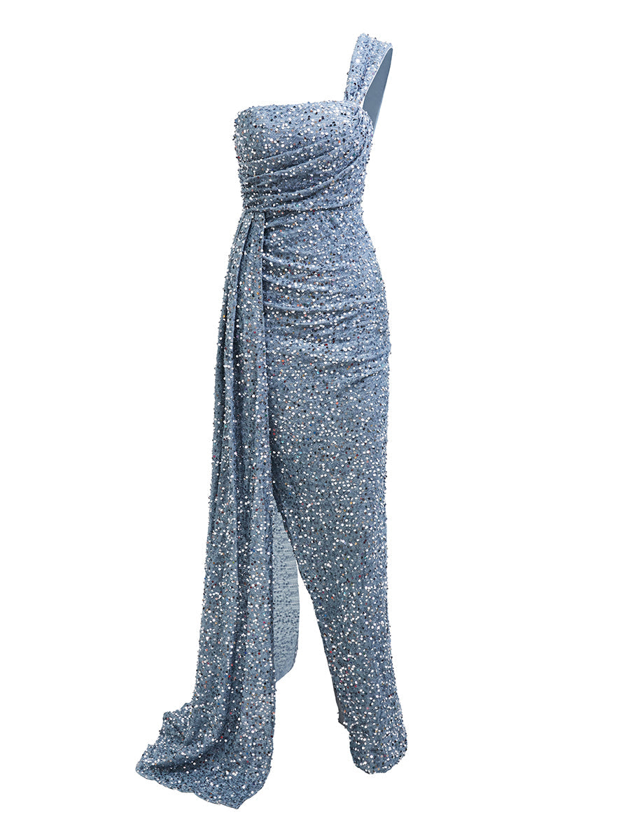 One Shoulder Draped Sequin Dress