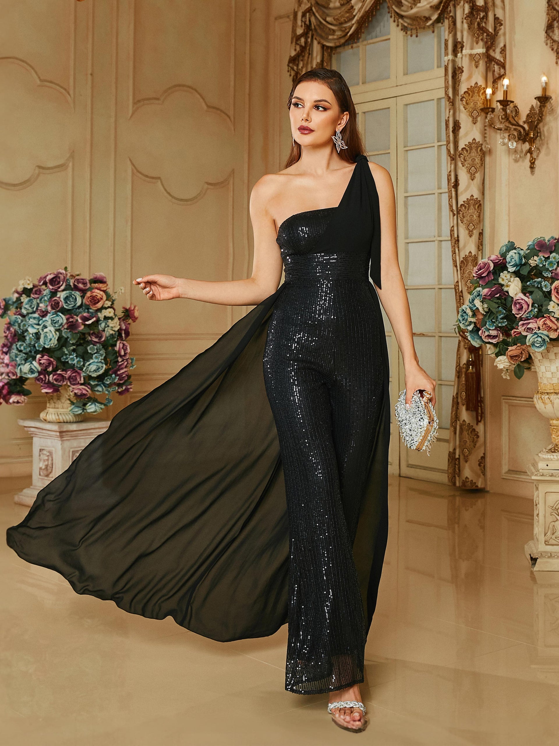 One Shoulder Sequin Ribbon Black Casual Jumpsuits