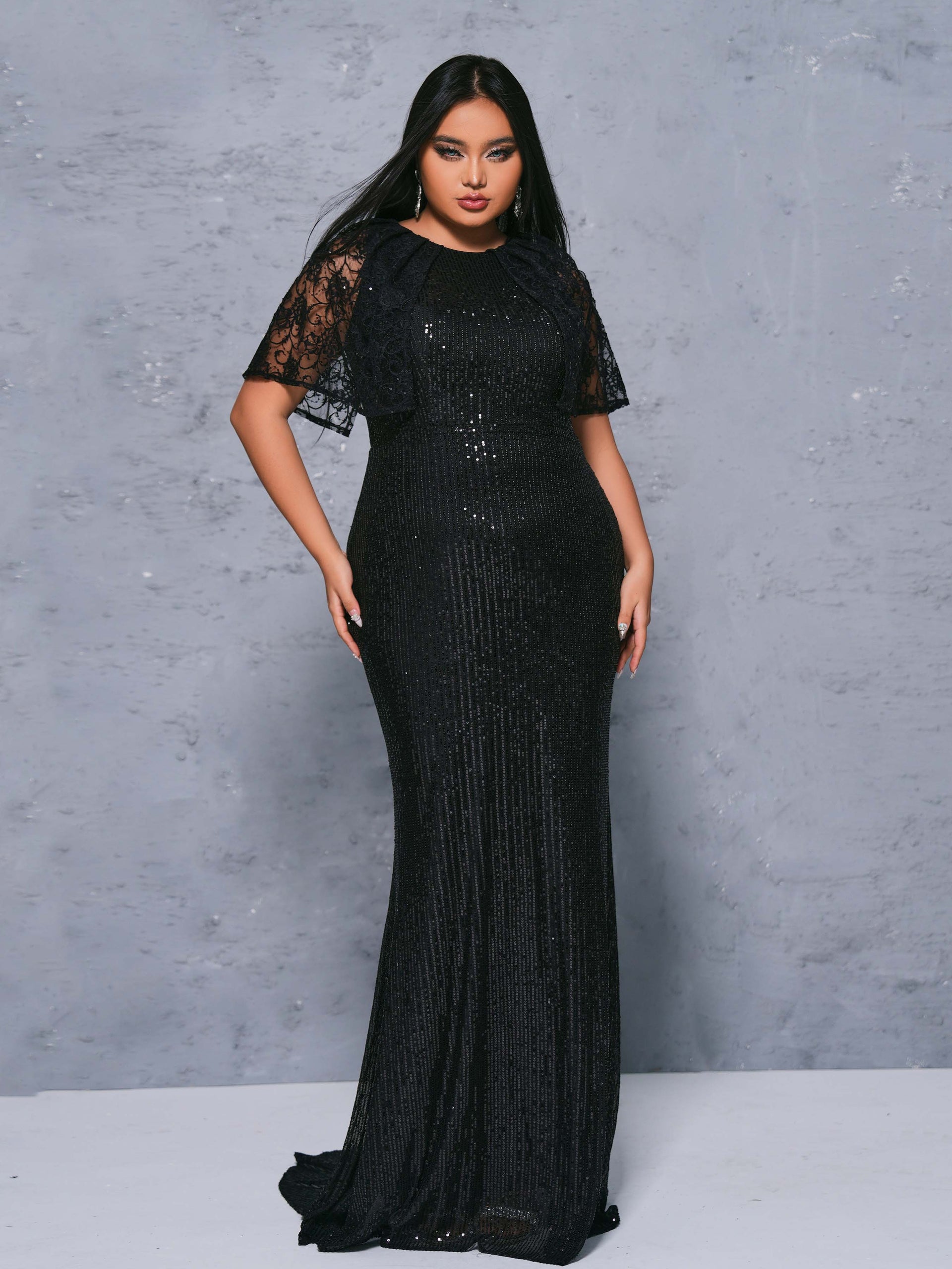 Plus Tulle Panel Sequin Mermaid Dress