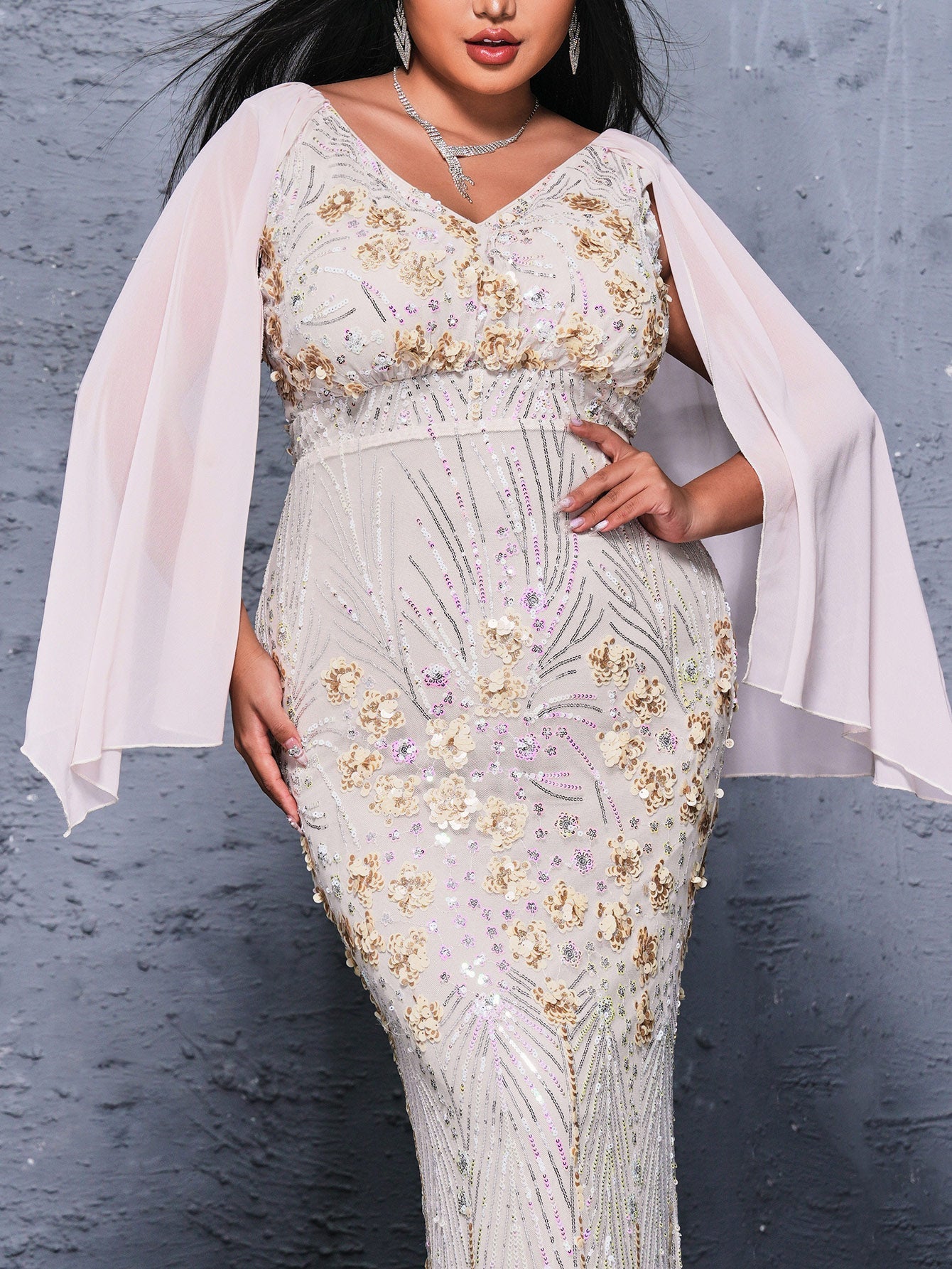 Plus V-neck Floral Sequin Mermaid Dress