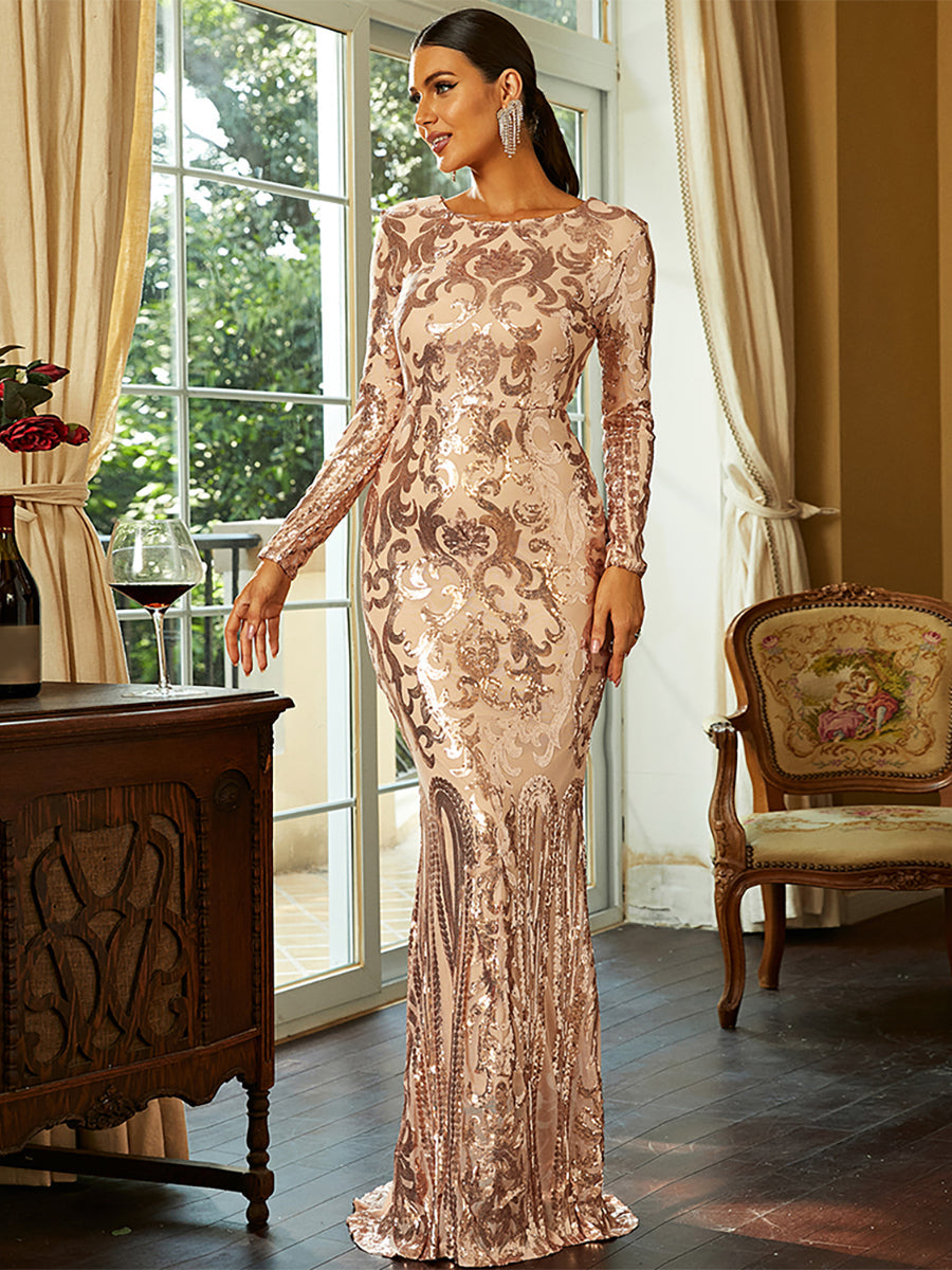 Long Sleeve Sequin Formal Dress