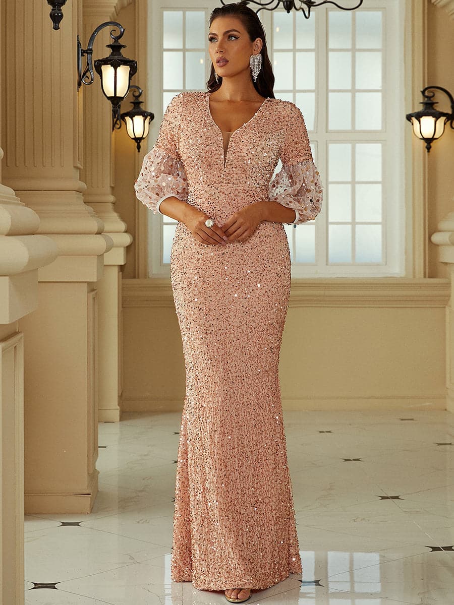 Lantern Sleeve Sequin Prom Dress