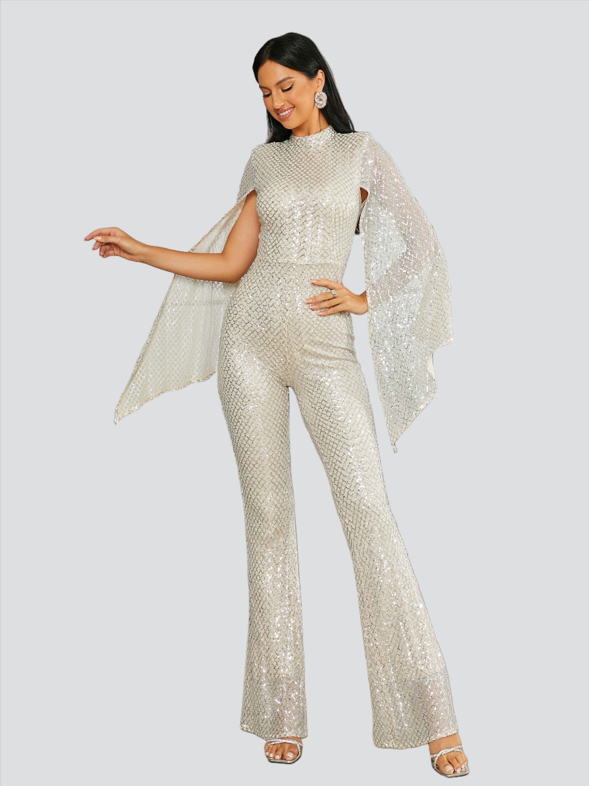 Stand Collar Cape Sleeve Sequin Jumpsuits