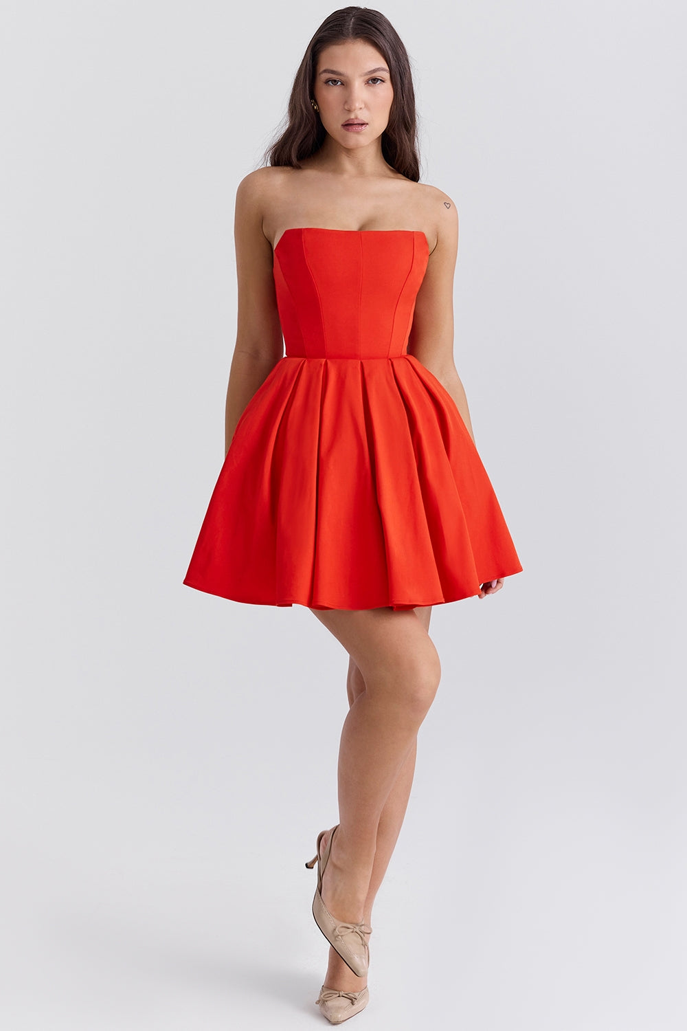 TOMATO STRAPLESS PLEATED MINI DRESS