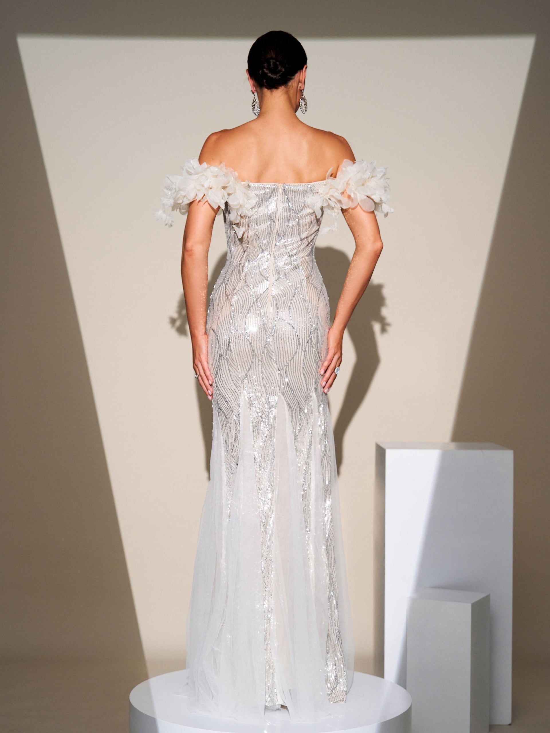 Off Shoulder Appliqued Sequin Mermaid Dress