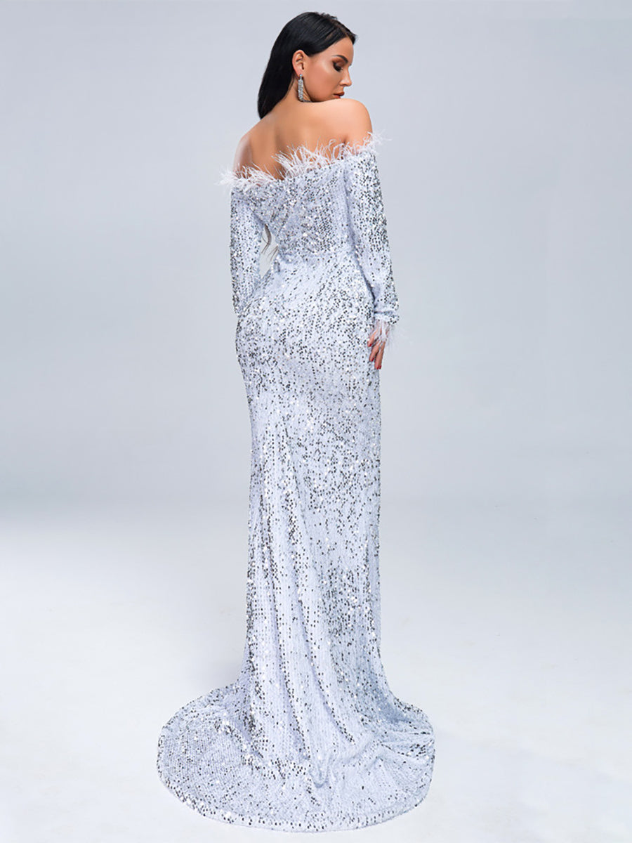 Off Shoulder Feather Sequin Evening Dress