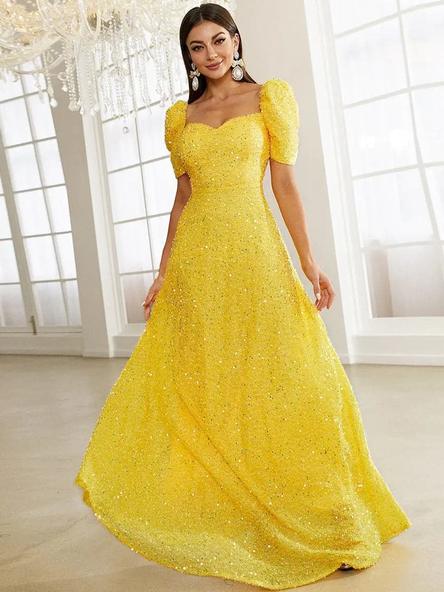 Light Yellow Puff Sleeve Sequin Maxi Dress