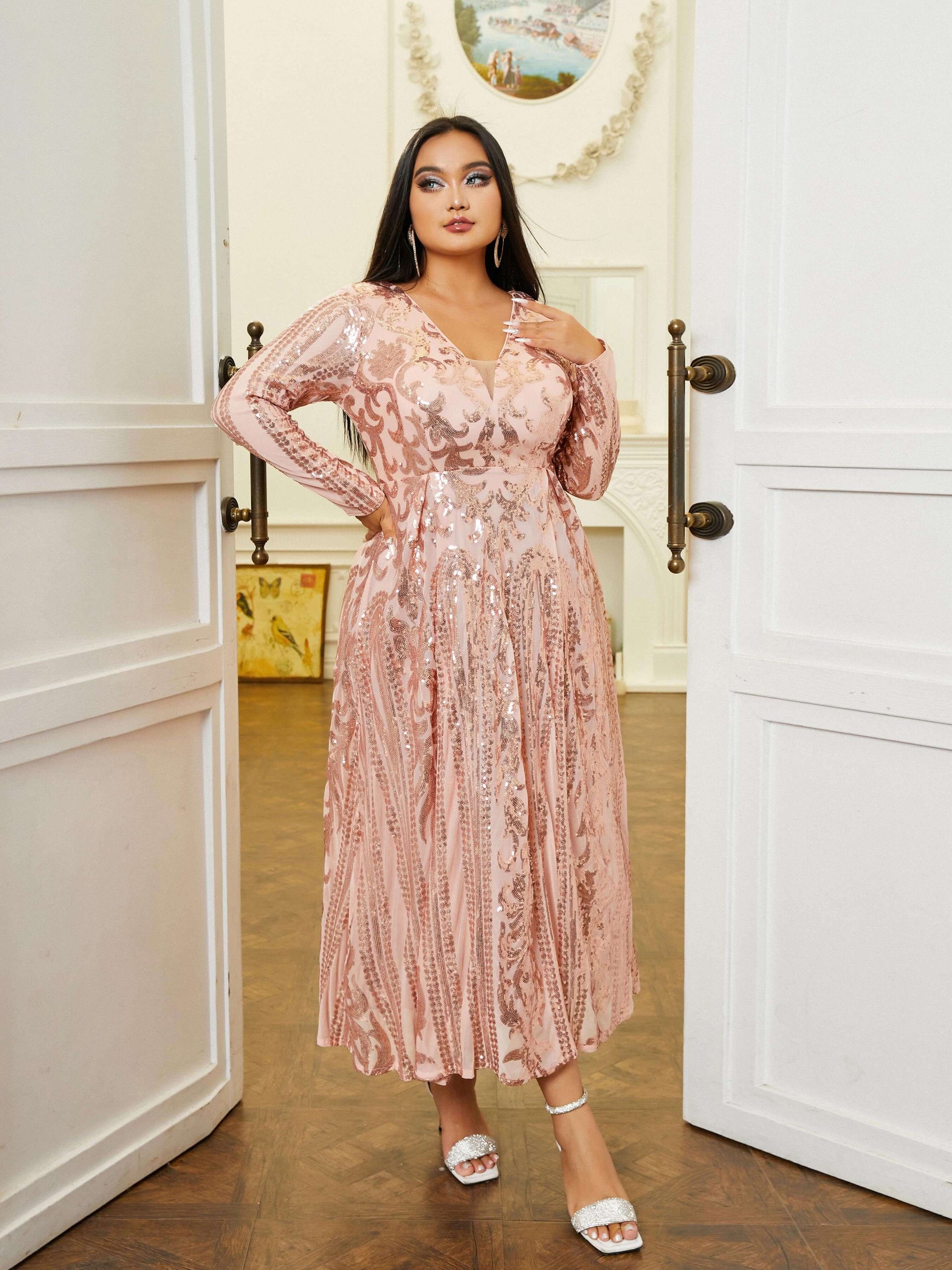 Plus V-neck Long Sleeve Sequin Dress