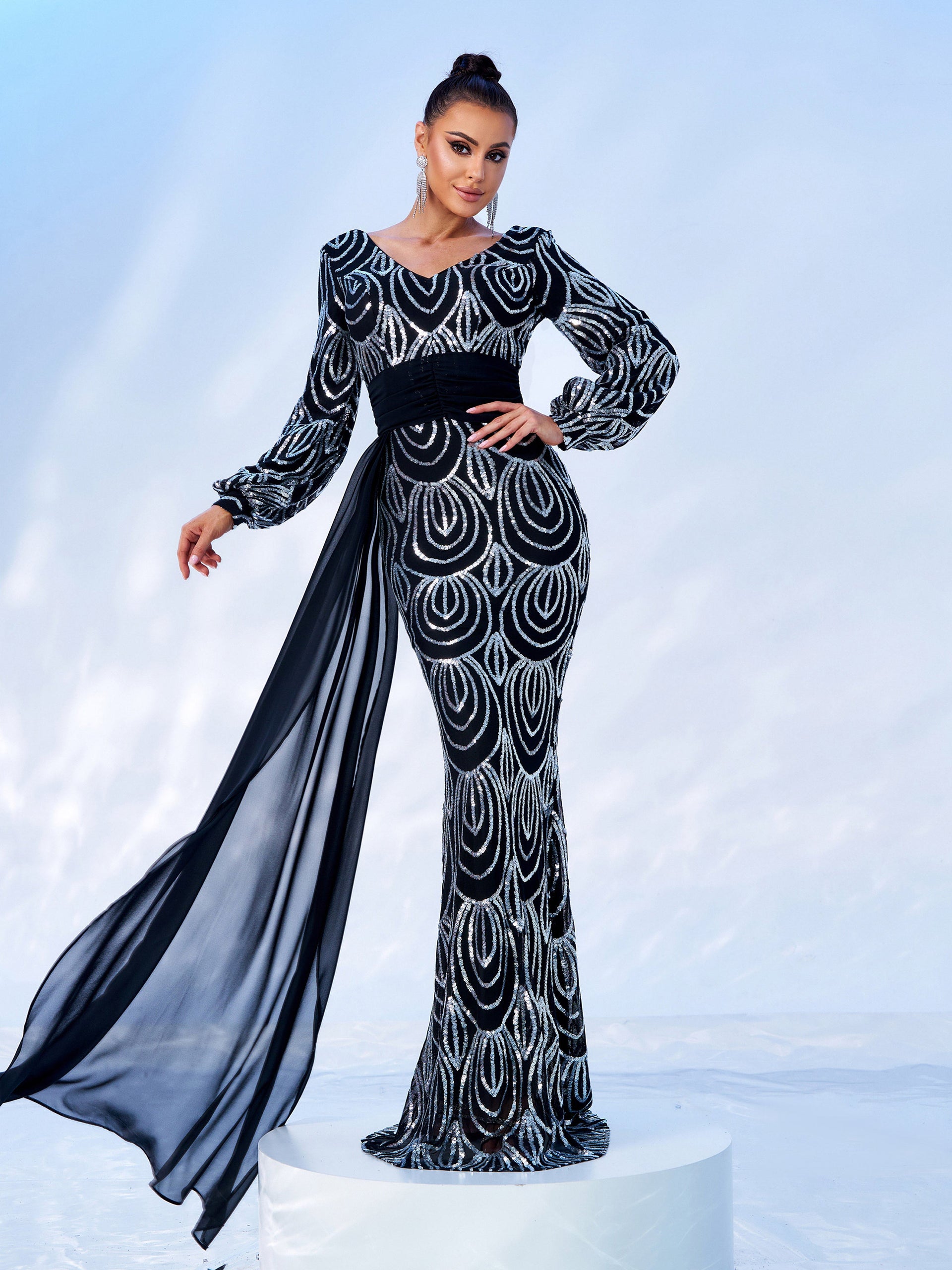 Formal Draping Sequin Long Sleeve Dress