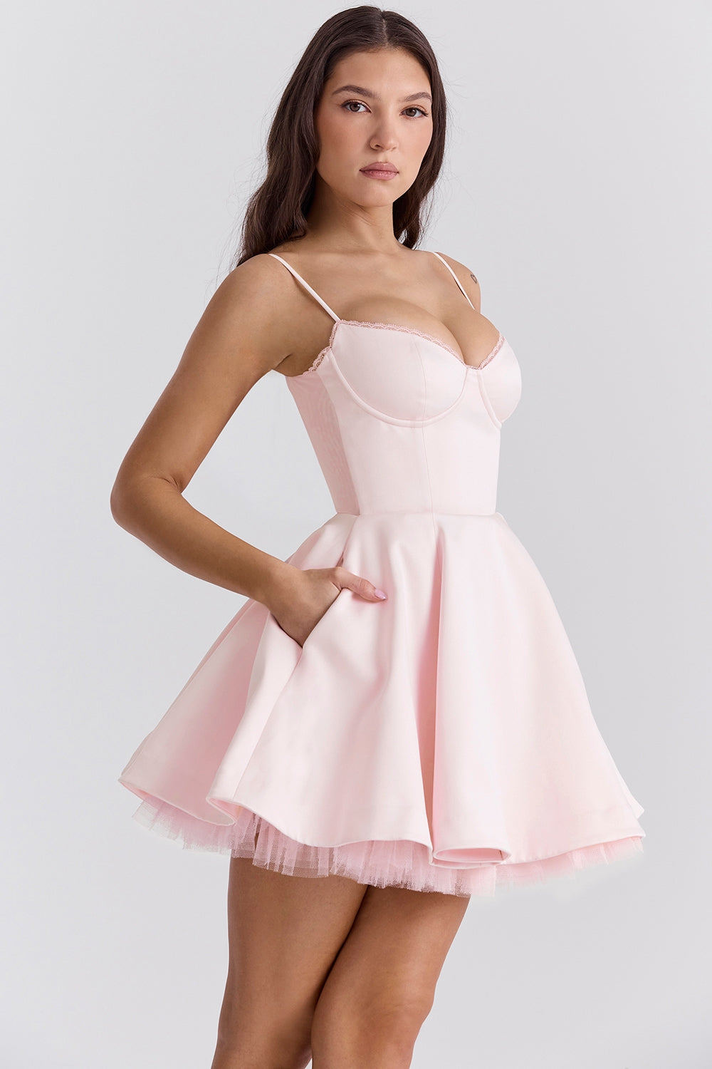 LACE TRIM BUSTIER A LINE DRESS IN PINK