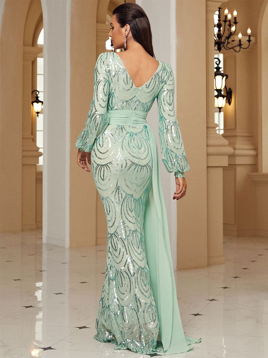 Formal Draping Sequin Long Sleeve Dress