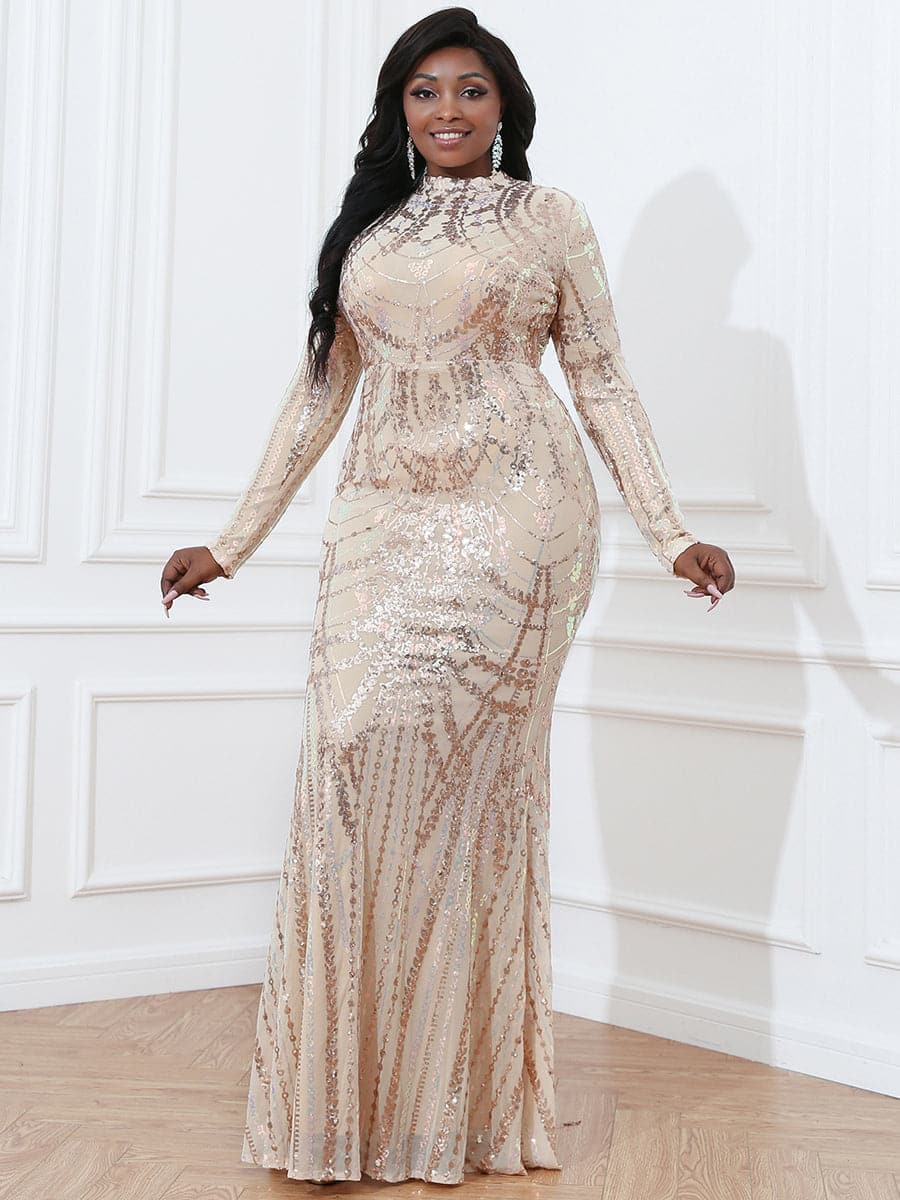 Plus Size Cutout Long Sleeve Sequin Dress