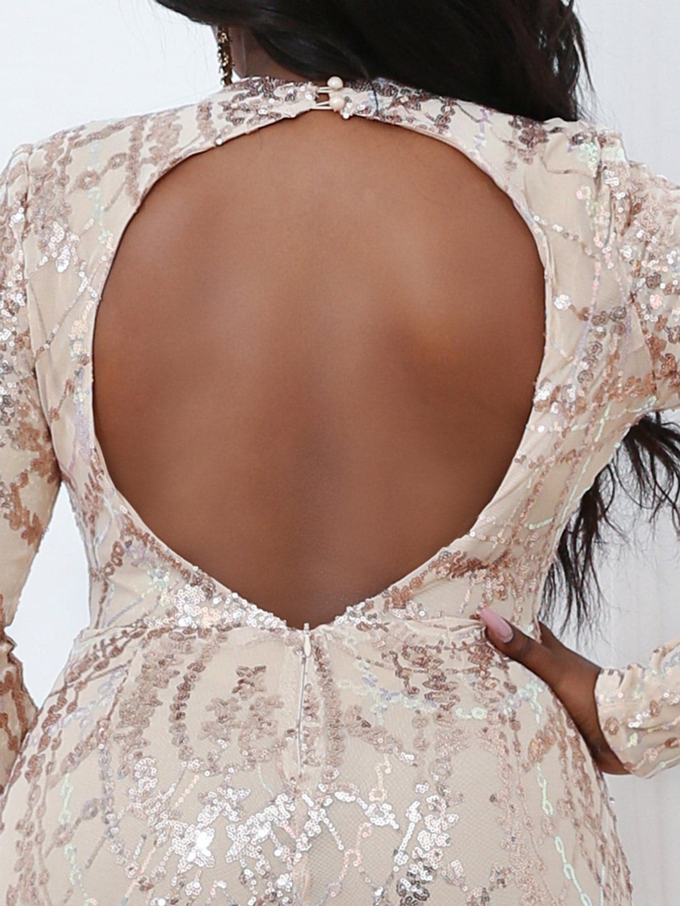 Plus Size Cutout Long Sleeve Sequin Dress