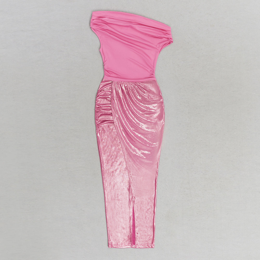 RUCHED SPLIT THIGH DRESS IN PINK