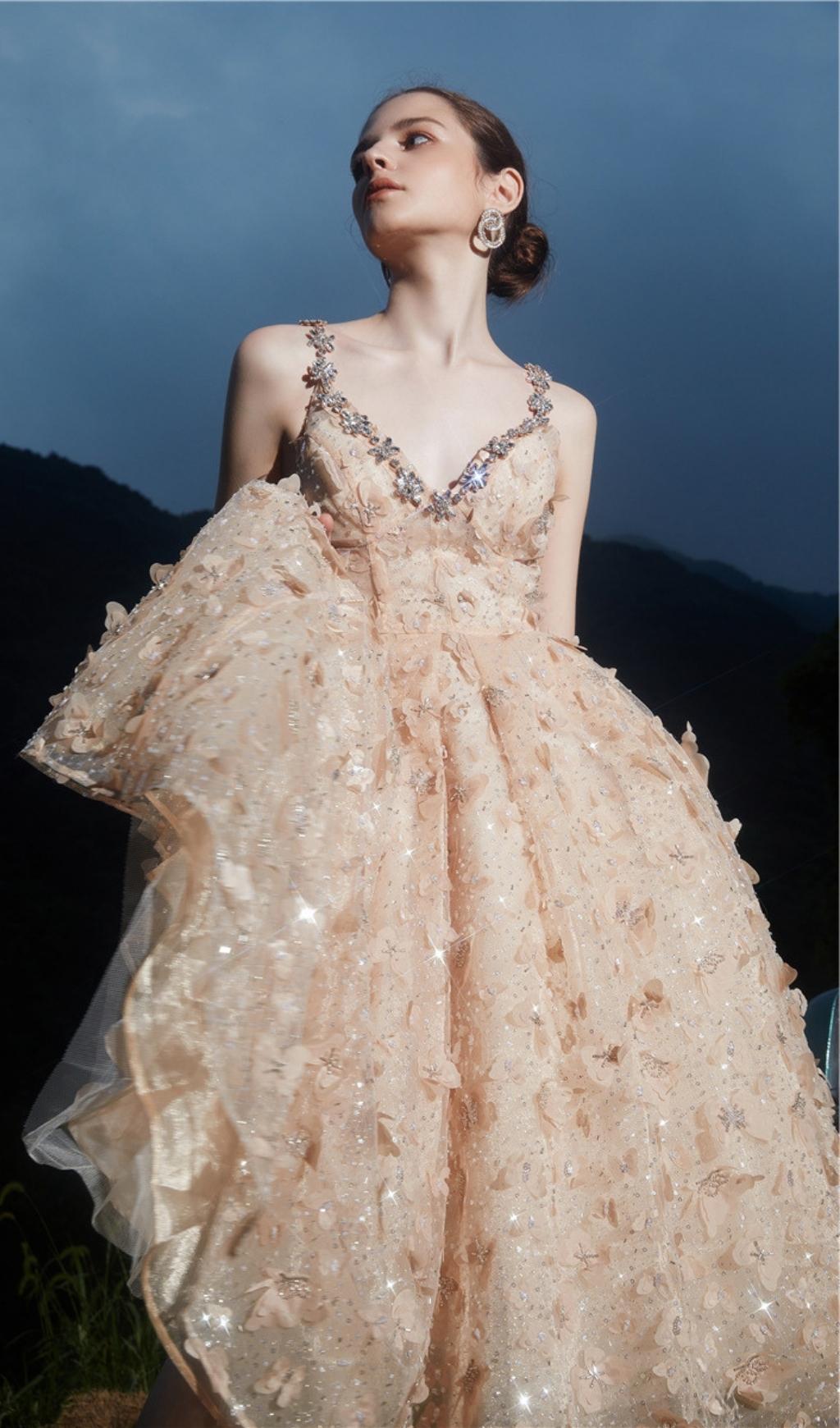 SEQUIN BUTTERFLY EMBELLISHED CRYSTAL MIDI DRESS styleofcb