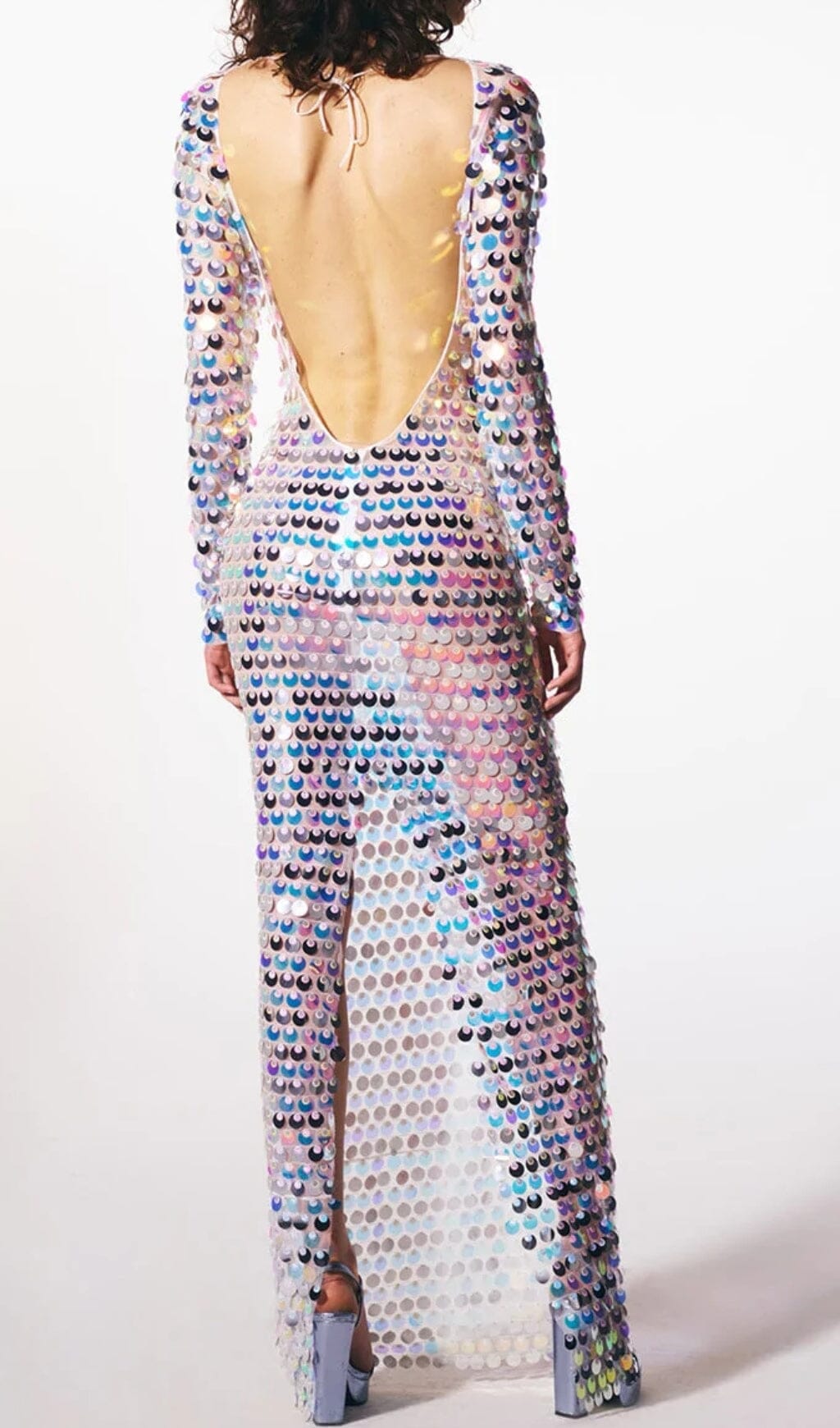 CREWNECK SLIM SEQUIN BACKLESS MAXI DRESS styleofcb