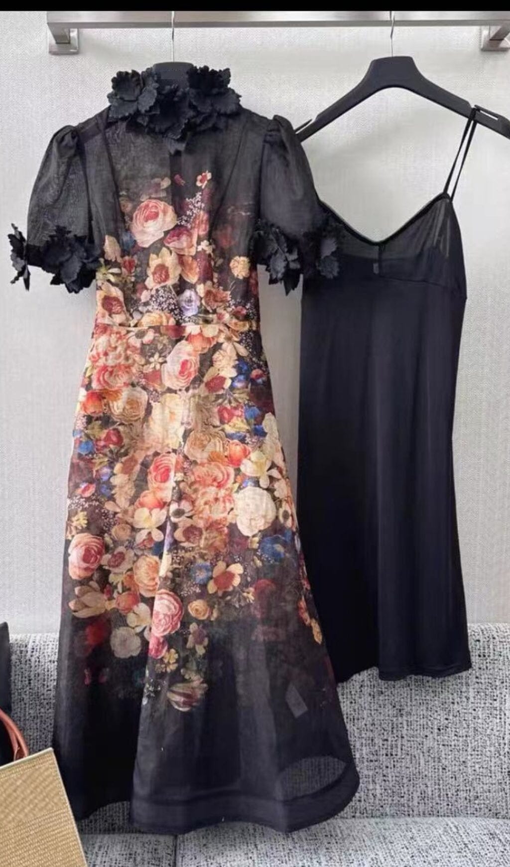 PRINTED FLOWER EMBELLISHED MIDI DRESS