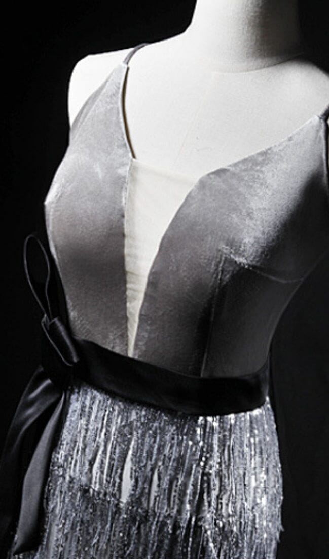 VELVET TASSEL SEXY TIE-DOWN MAXI DRESS IN GREY styleofcb