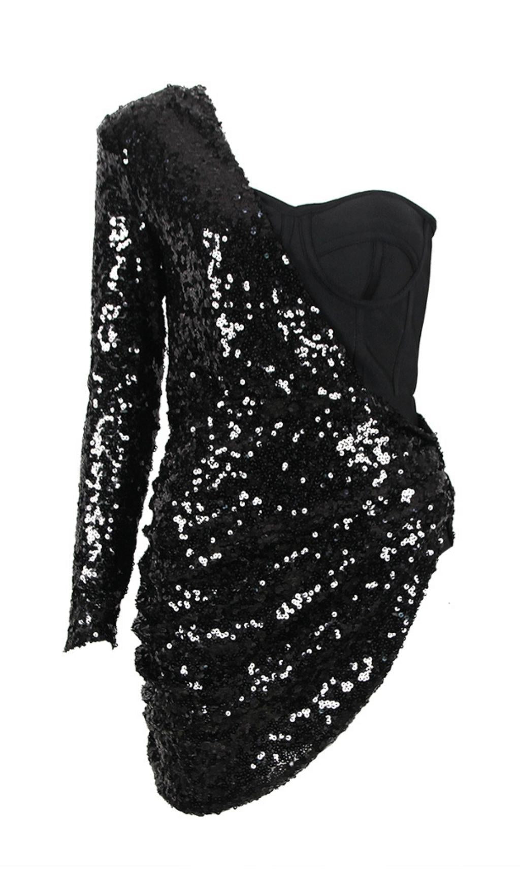 ASYMMETRIC SEQUIN RUCHED MINI DRESS Dresses styleofcb XS BLACK