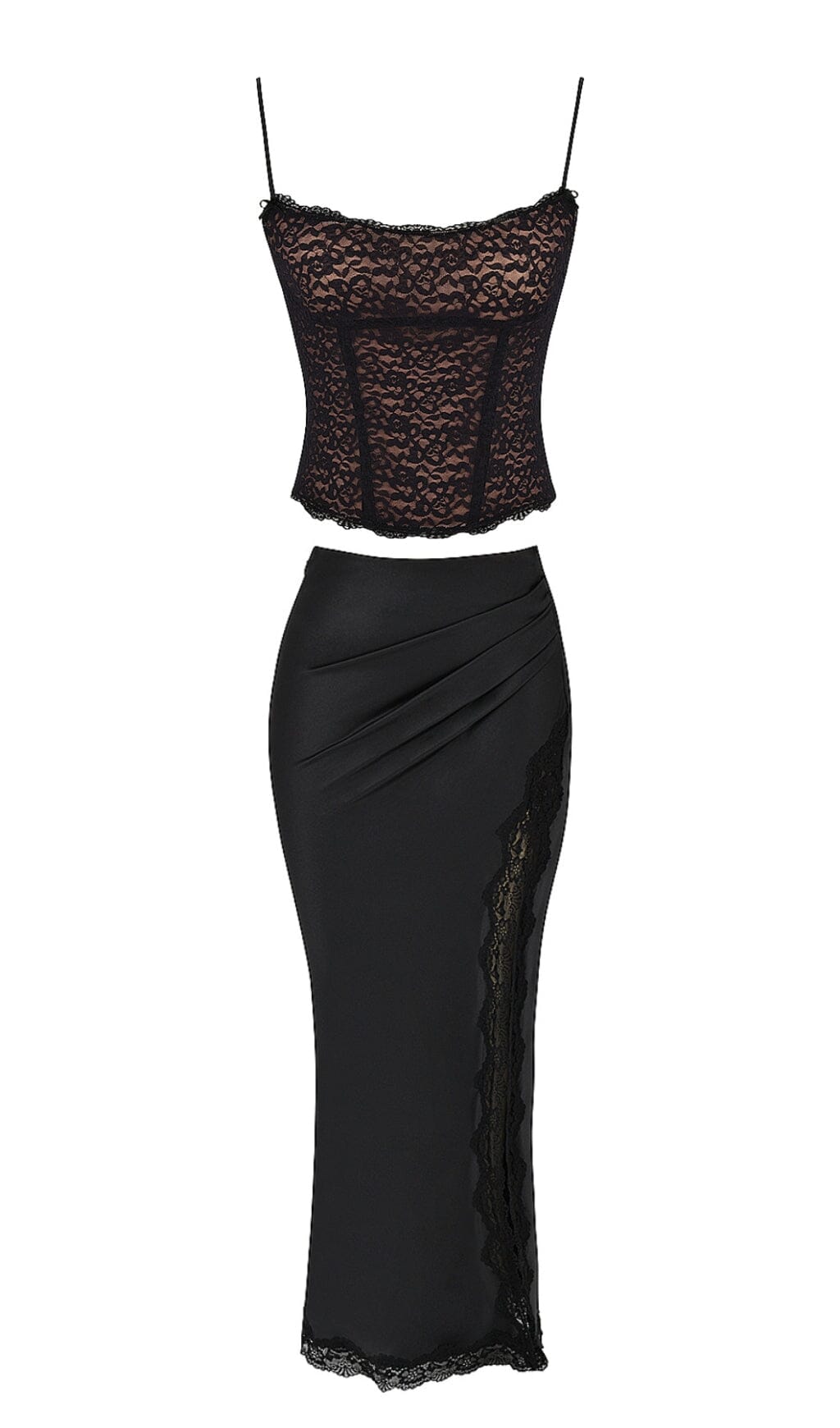 RUBY BLACK SATIN LACE TRIM TWO PIECE MIDI DRESS