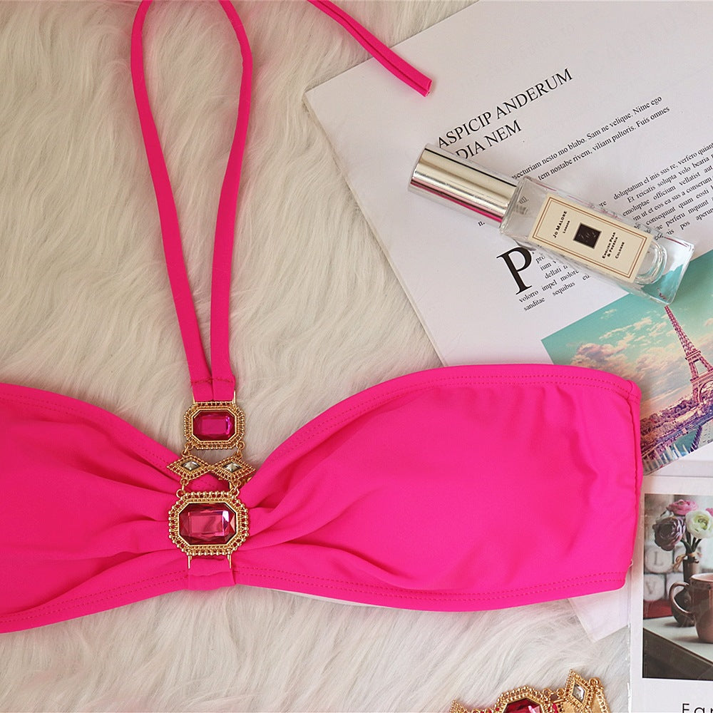 HALTER NECK EMBELLISHED BIKINI TWO PIECE SET IN HOT PINK-Swimwear-Oh CICI SHOP