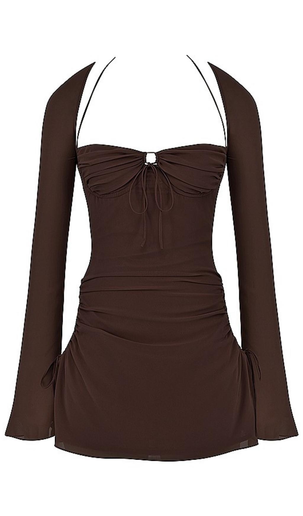 LONG SLEEVE HALTER MINI DRESS Dresses styleofcb XS CHOCOLATE