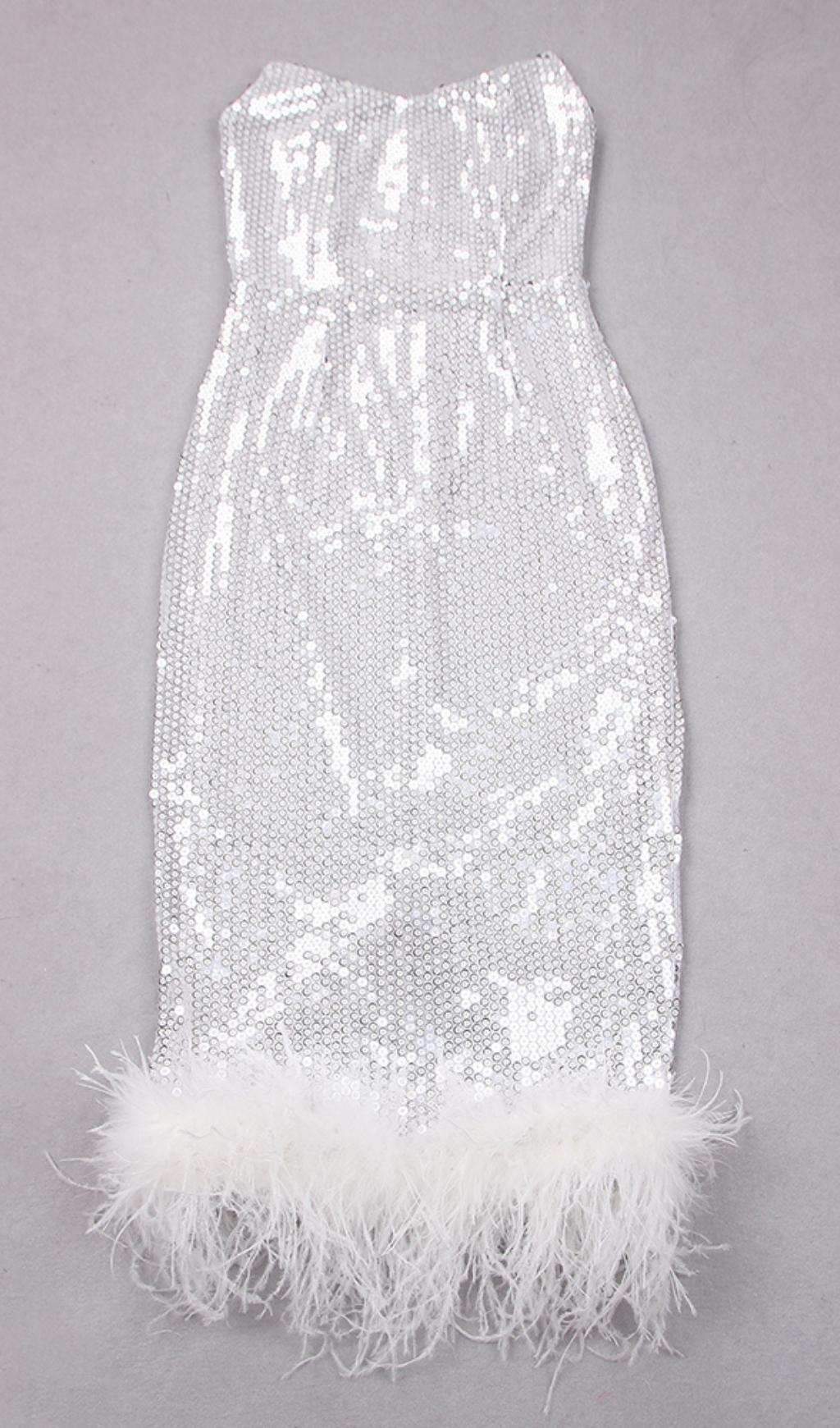 SEQUIN FEATHER MIDI DRESS IN WHITE styleofcb