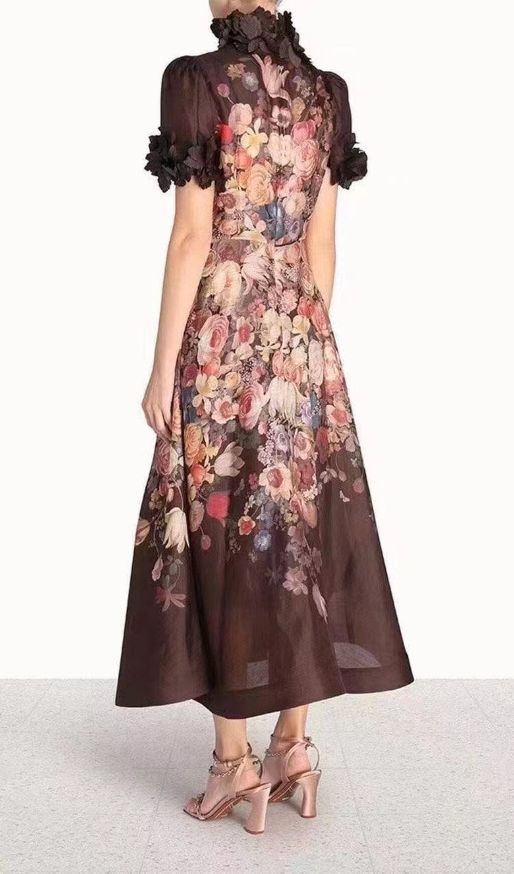 PRINTED FLOWER EMBELLISHED MIDI DRESS