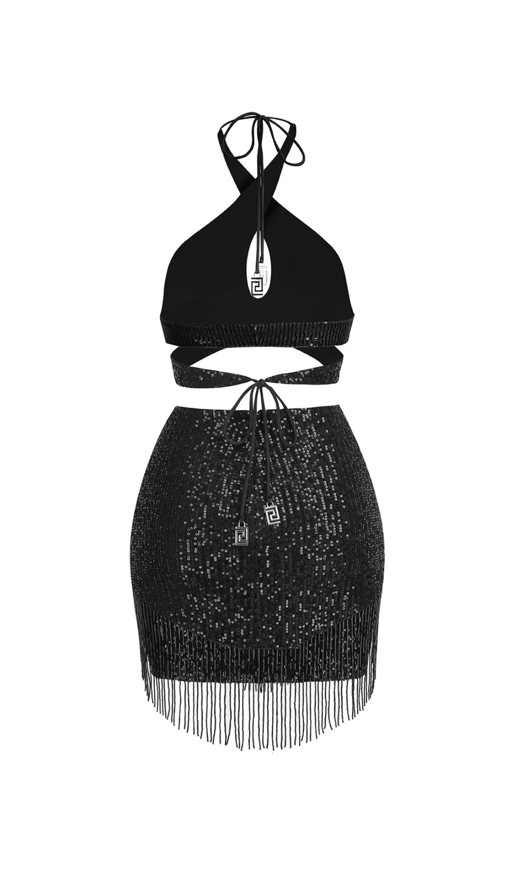 SEQUIN TASSEL BACKLESS MINI DRESS IN BLACK styleofcb