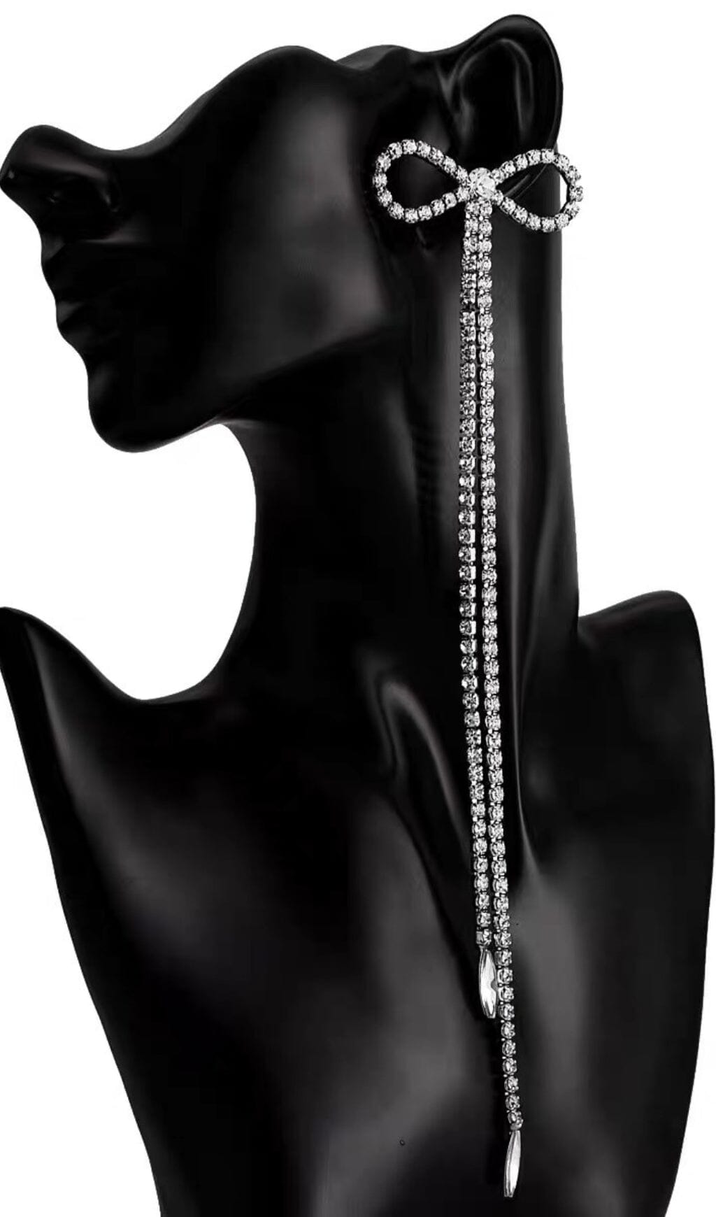 RHINESTONE BOW LONG CHAIN EARRINGS IN WHITE Earrings styleofcb