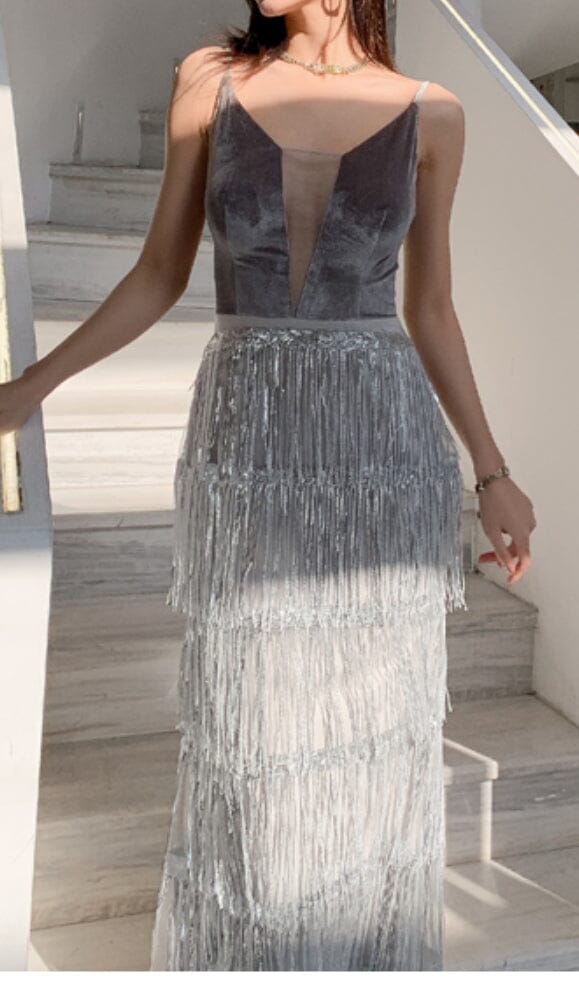VELVET TASSEL SEXY TIE-DOWN MAXI DRESS IN GREY styleofcb