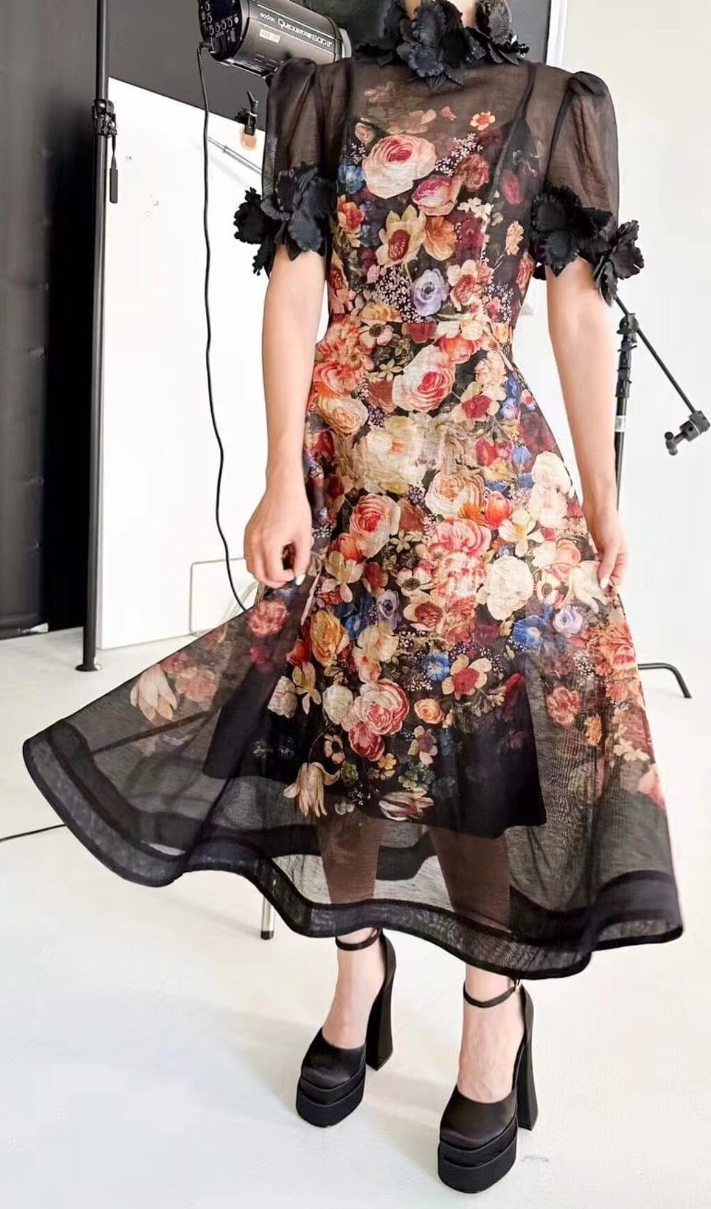 PRINTED FLOWER EMBELLISHED MIDI DRESS
