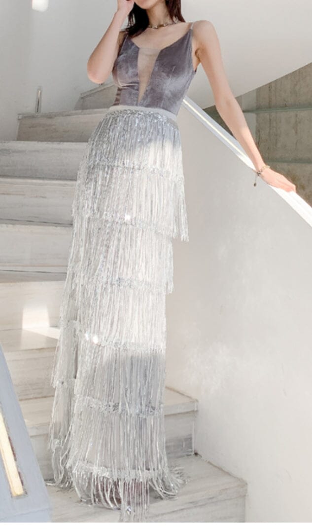 VELVET TASSEL SEXY TIE-DOWN MAXI DRESS IN GREY styleofcb