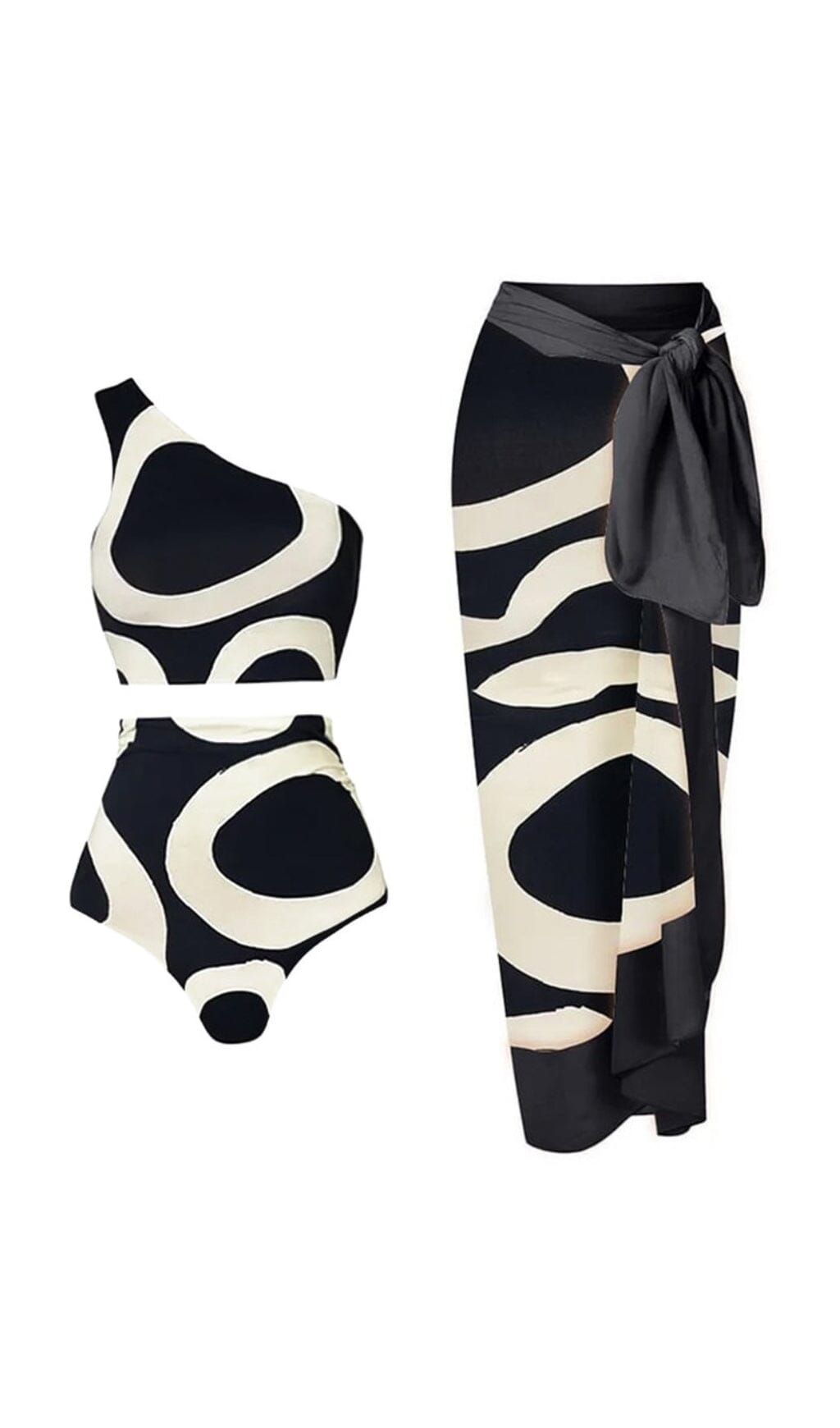 ONE SHOULDER PRINT SPLIT BIKINI SWIMSUIT AND SARONG styleofcb SWIMSUIT AND SARONG S